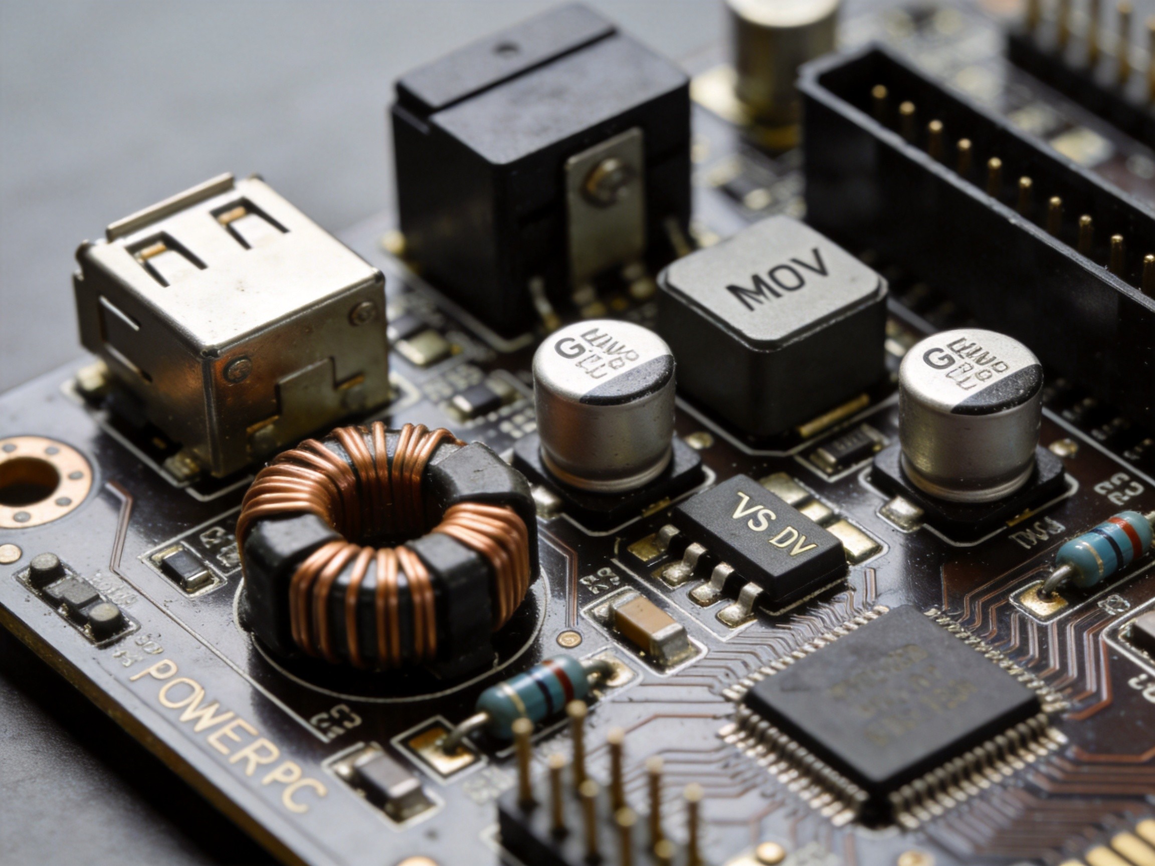 Industrial Panel PC power input module with wide-input voltage regulator, protection components, and status indicator LEDs on a test bench