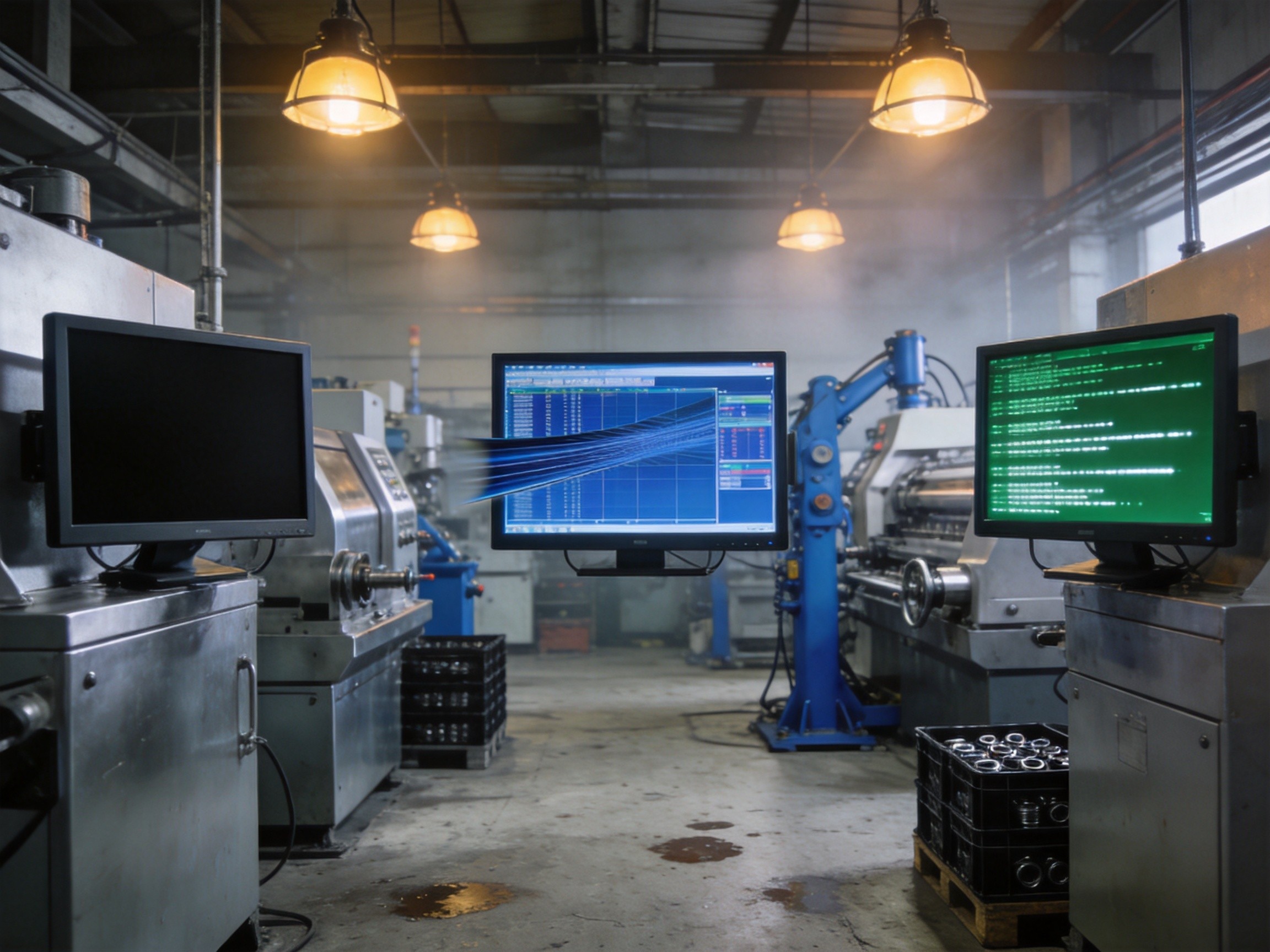 Factory floor with multiple industrial monitors showing different resolution failures - one blank, one with wrong aspect ratio, one with flickering