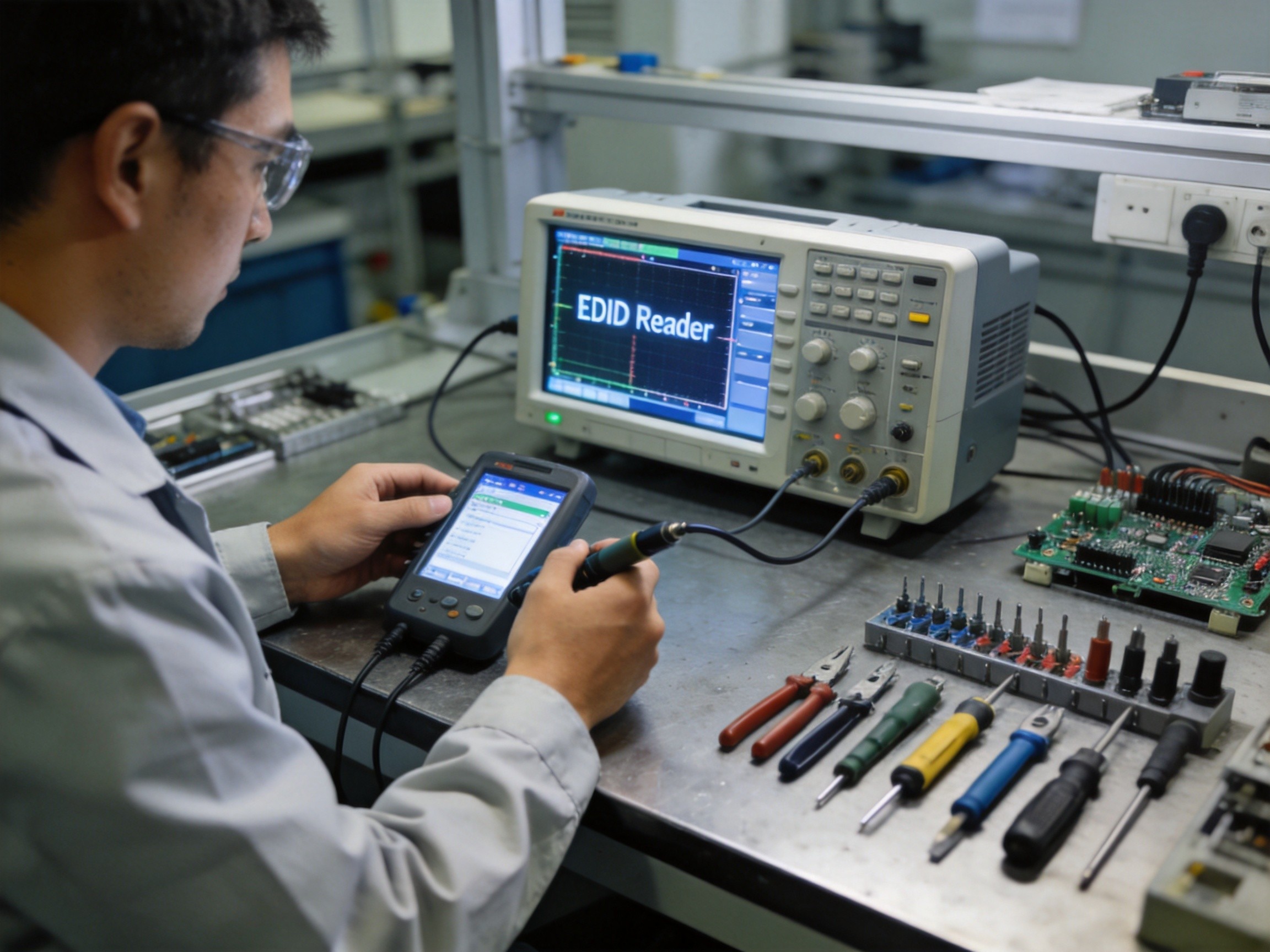 Technician using diagnostic tools at a workstation with oscilloscope connected to display interface, EDID reader software visible on screen