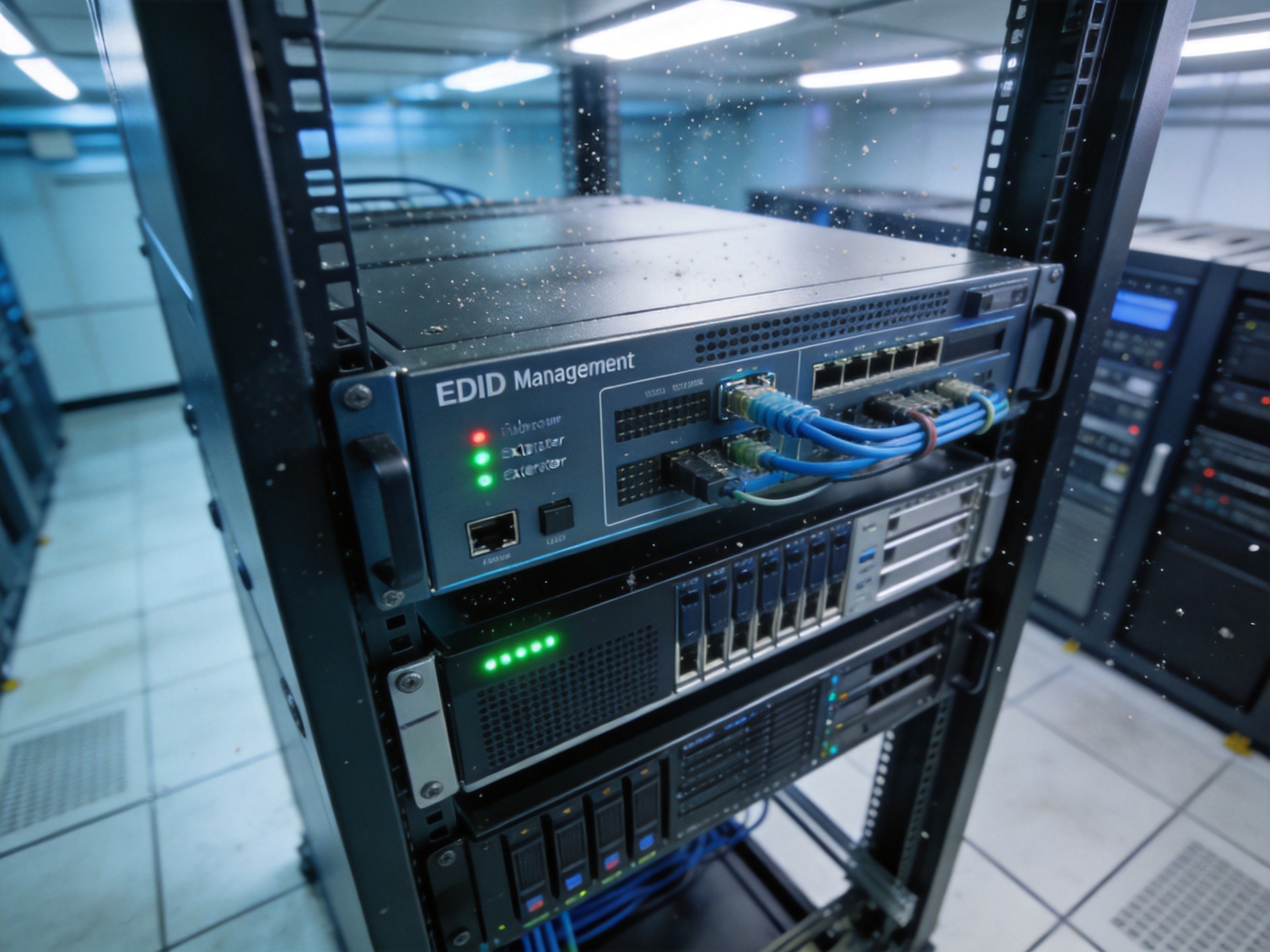 Rack-mounted industrial computing system with EDID management hardware, showing fiber optic extenders and signal conditioning equipment