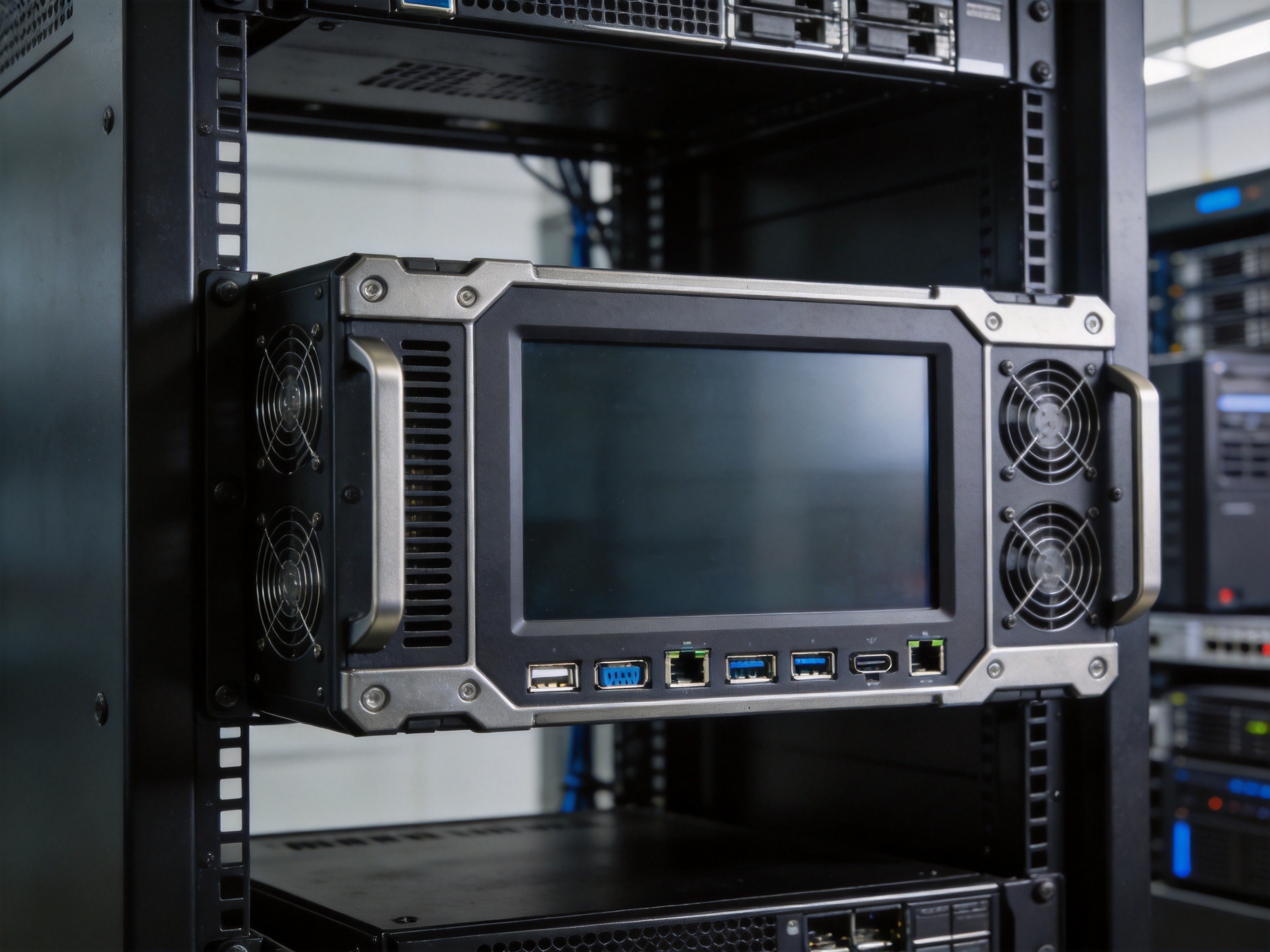 Close-up of an industrial panel PC mounted in a NOC rack, showing rugged construction, multiple display outputs, and ventilation design