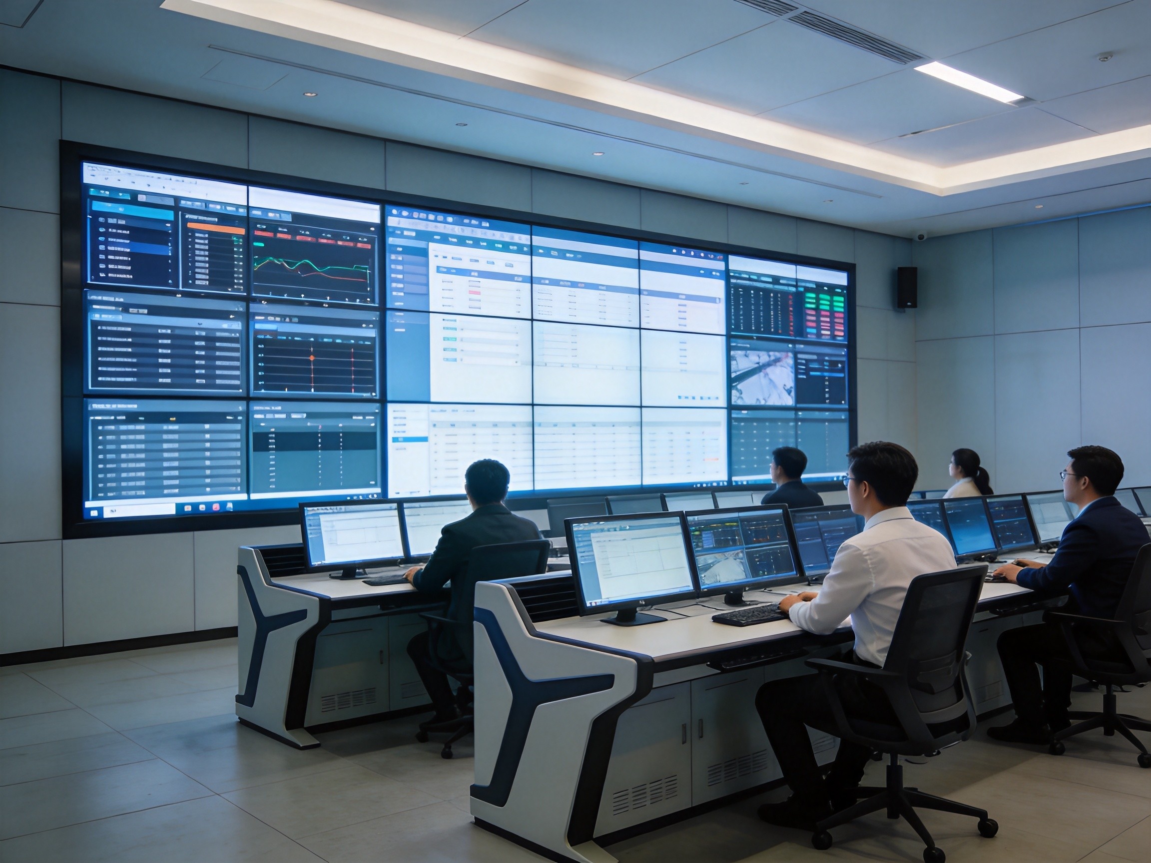 NOC control room showing operators at console desks facing a large multi-panel video wall with organized dashboard layouts and bezel-compensated displays