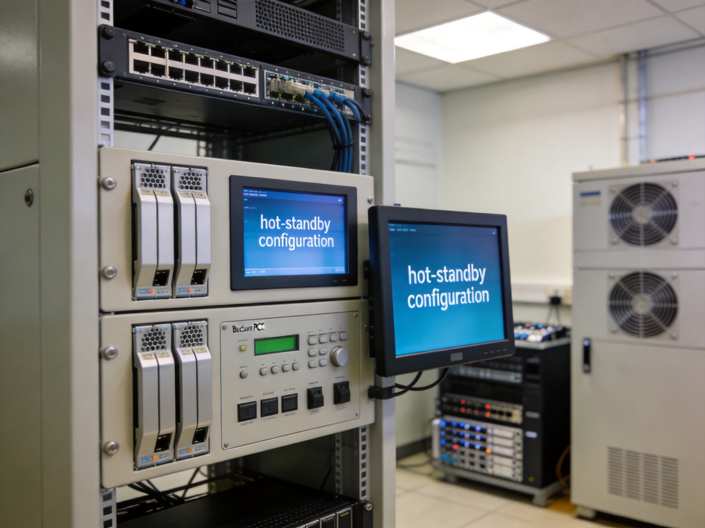 Redundant industrial computing rack with dual power supplies, failover KVM switches, and backup panel PCs showing hot-standby configuration