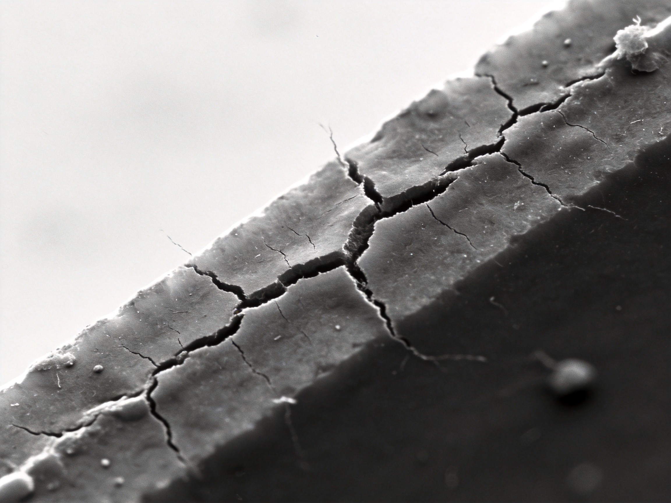 Scanning electron microscope image of ITO surface showing micro-crack network propagating along electrode grain boundaries