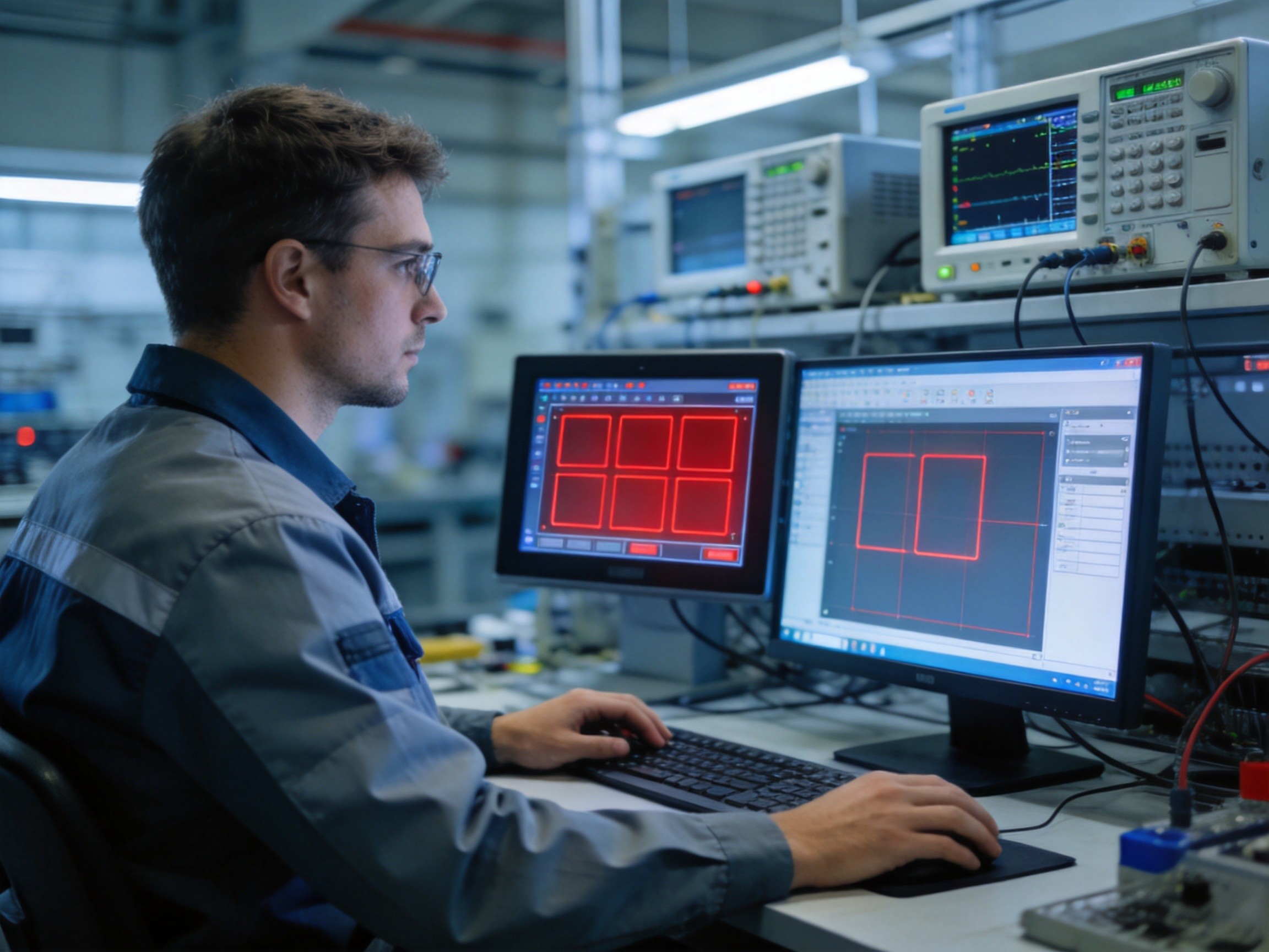 Industrial touch panel display showing dead touch zones highlighted in red diagnostic overlay, with technician using touch calibration software