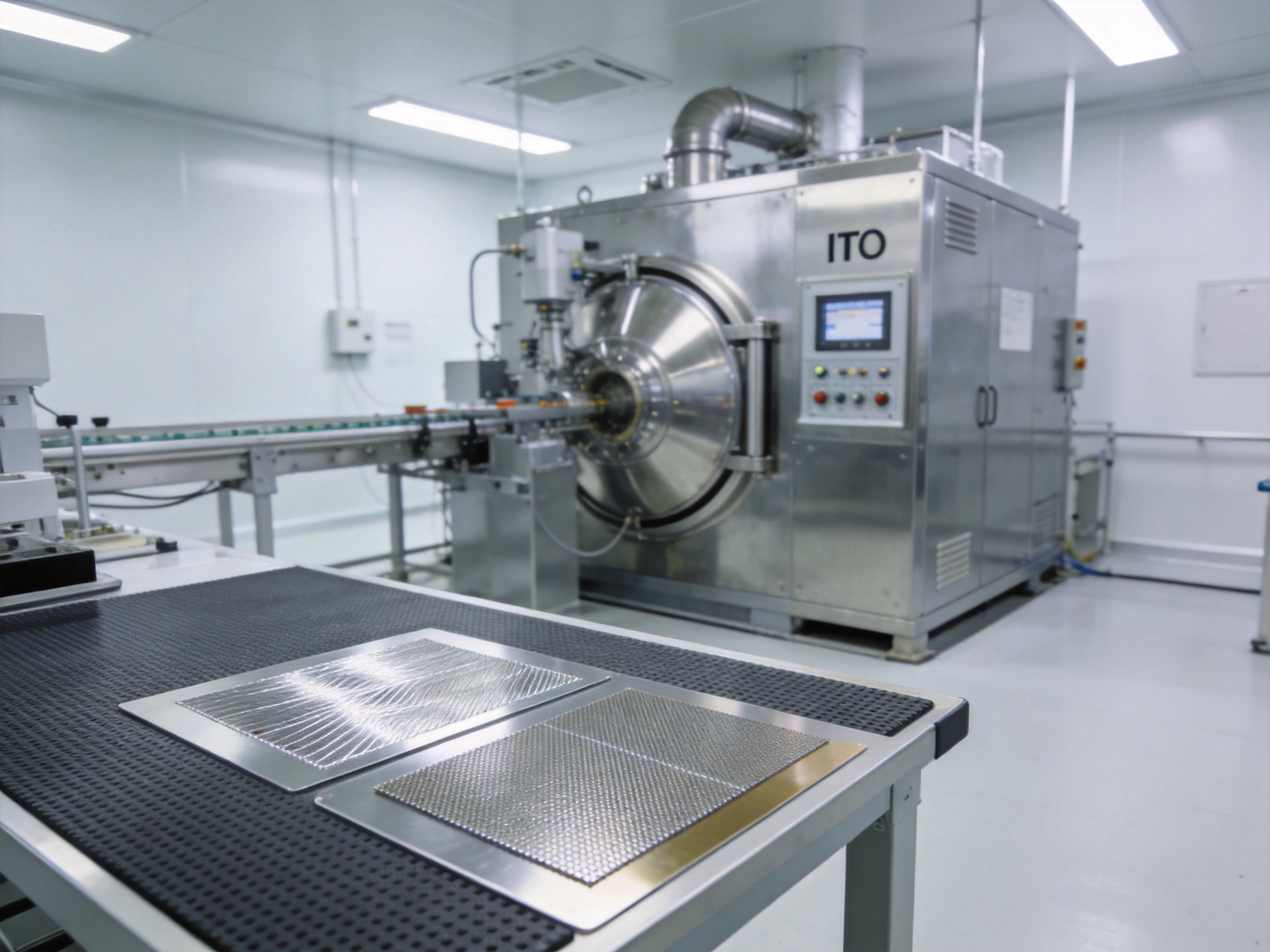 Manufacturing facility showing ITO sputtering process with vacuum chamber, alongside next-generation touch sensor materials including silver nanowire and metal mesh alternatives