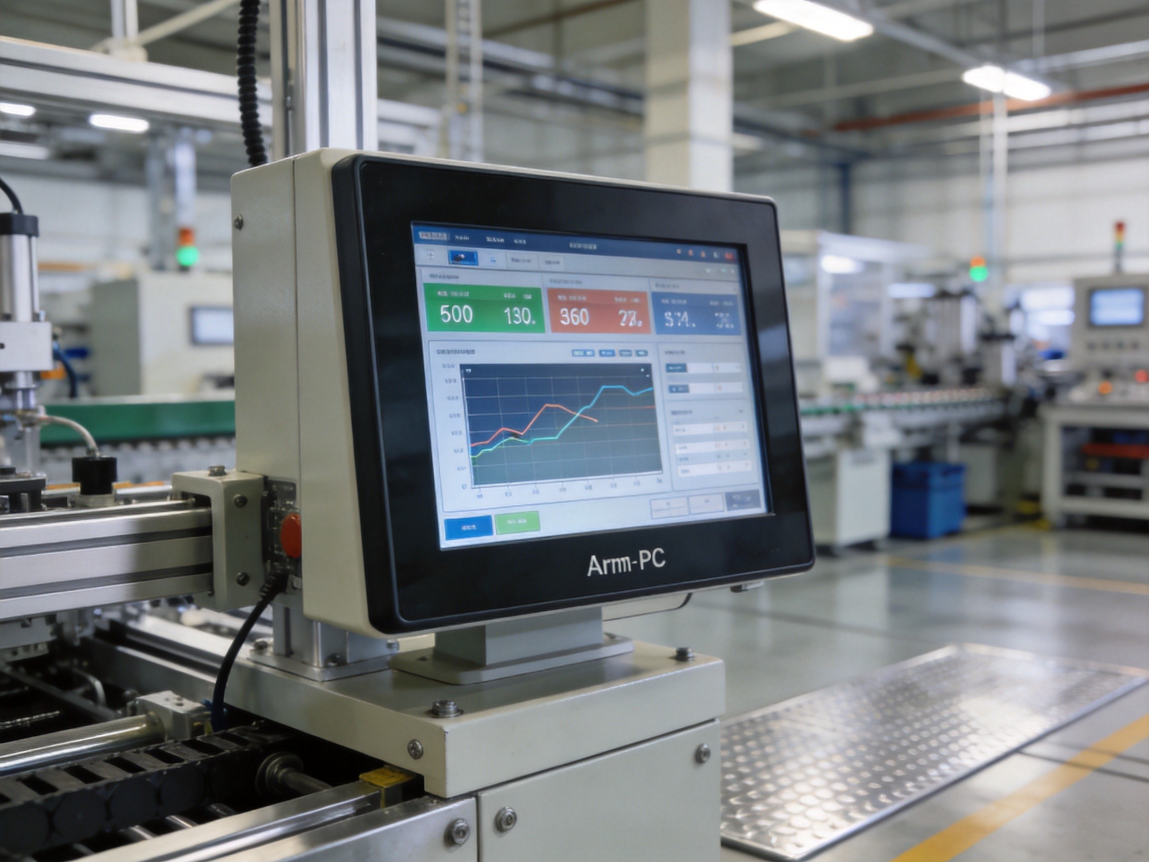 Arm-based industrial panel PC mounted on a factory automation workstation with control interface displayed