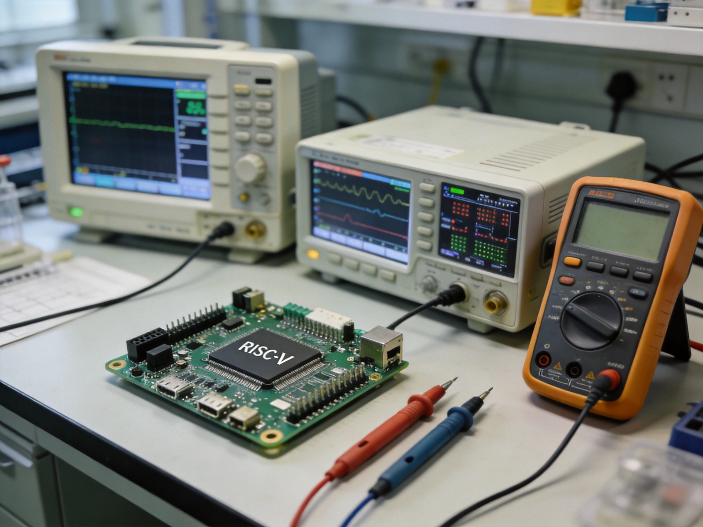 RISC-V development board and testing equipment in an industrial laboratory setting with oscilloscope