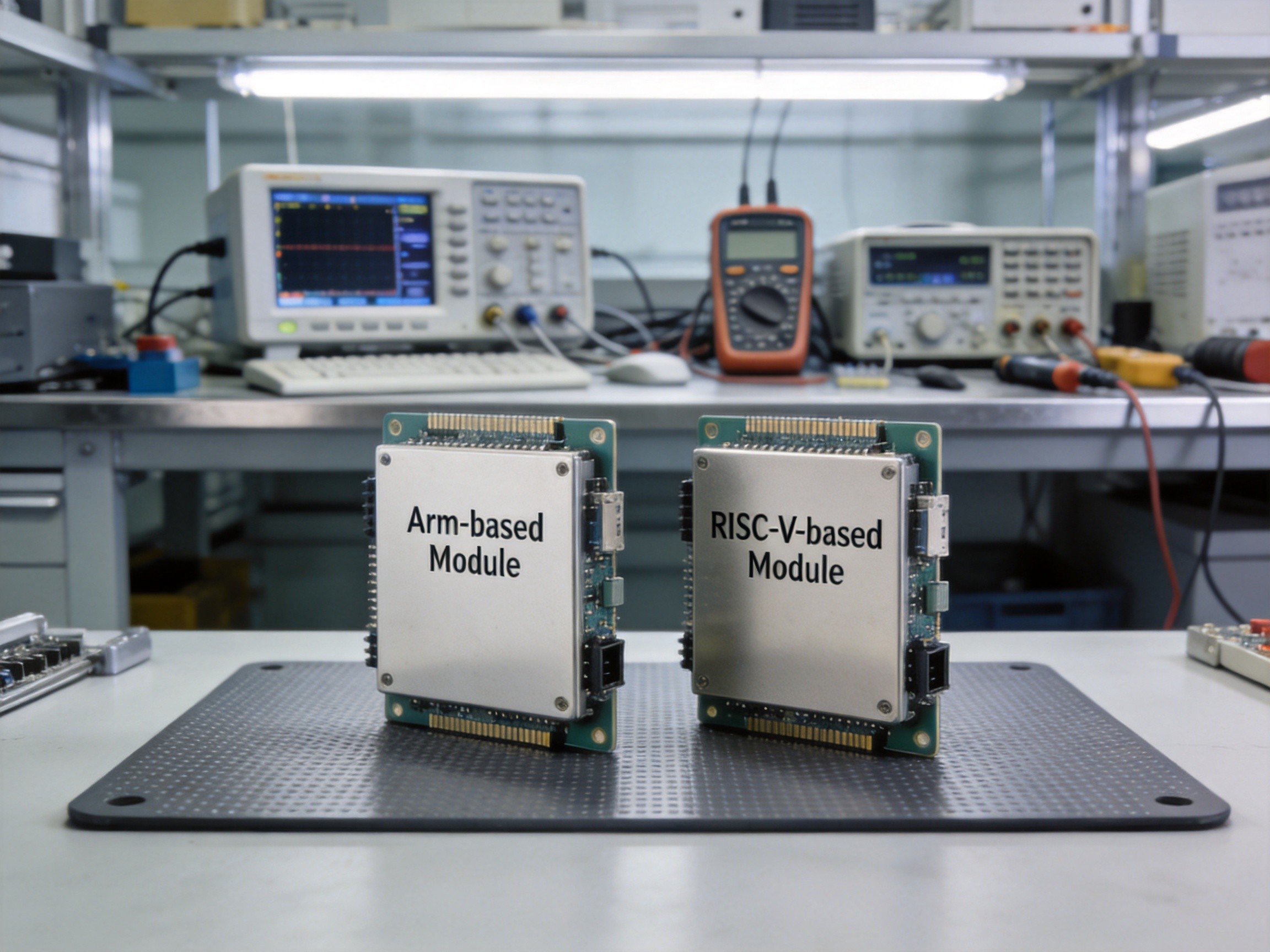 Side-by-side comparison of Arm and RISC-V industrial computing modules on a workbench