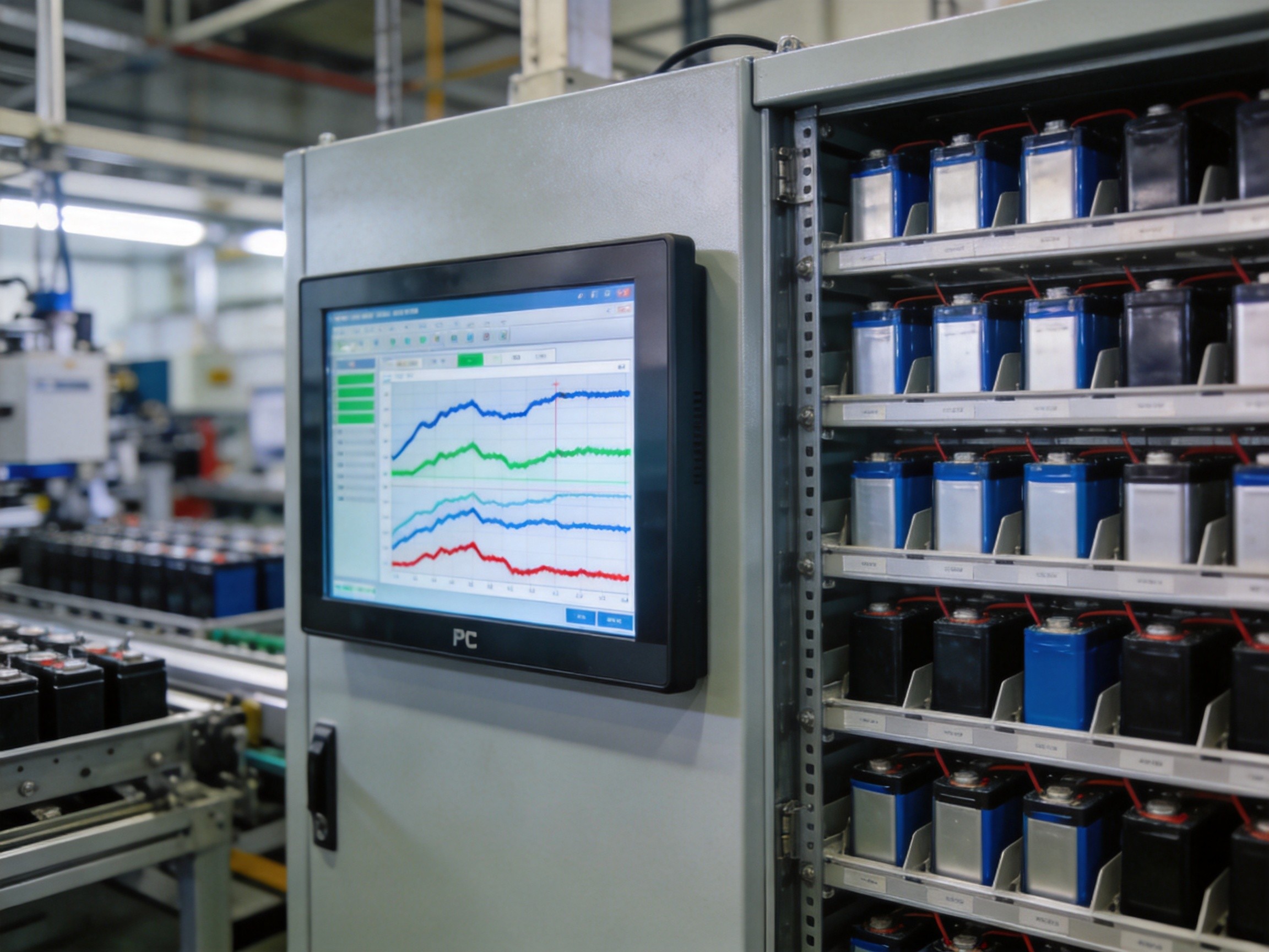 Close-up of industrial panel PC displaying cell formation voltage curves on a battery production line