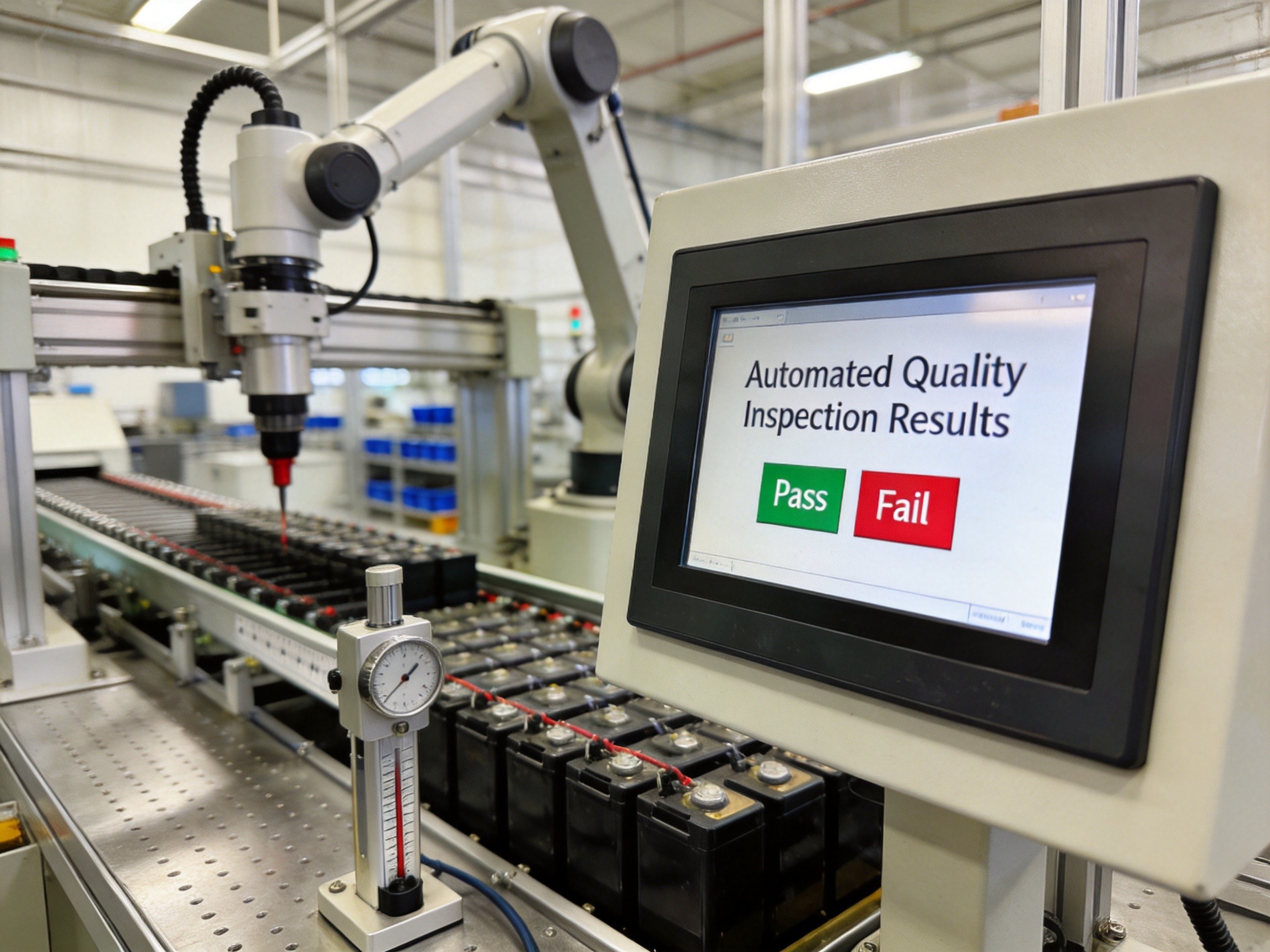 Panel PC at end-of-line battery testing station with automated probing equipment and quality dashboard
