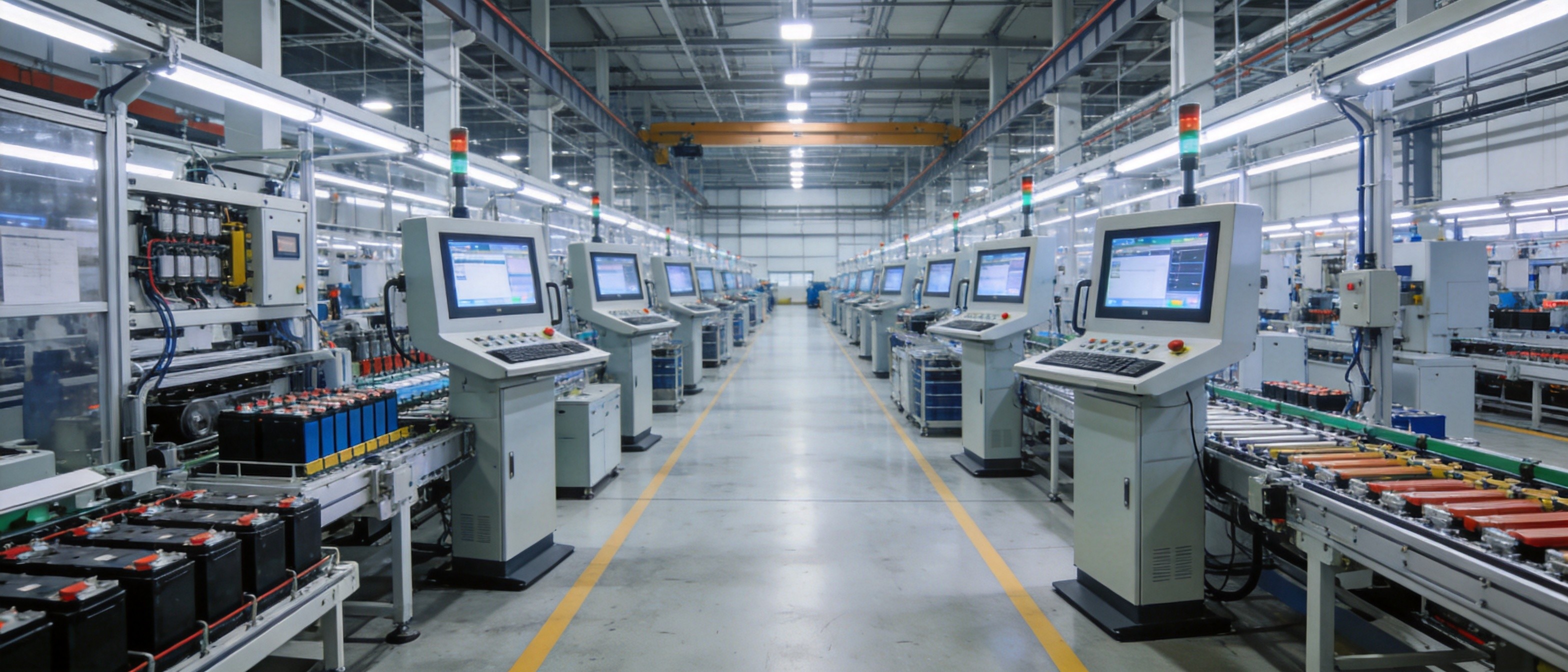 Wide shot of battery gigafactory production floor with multiple panel PC stations visible along the line