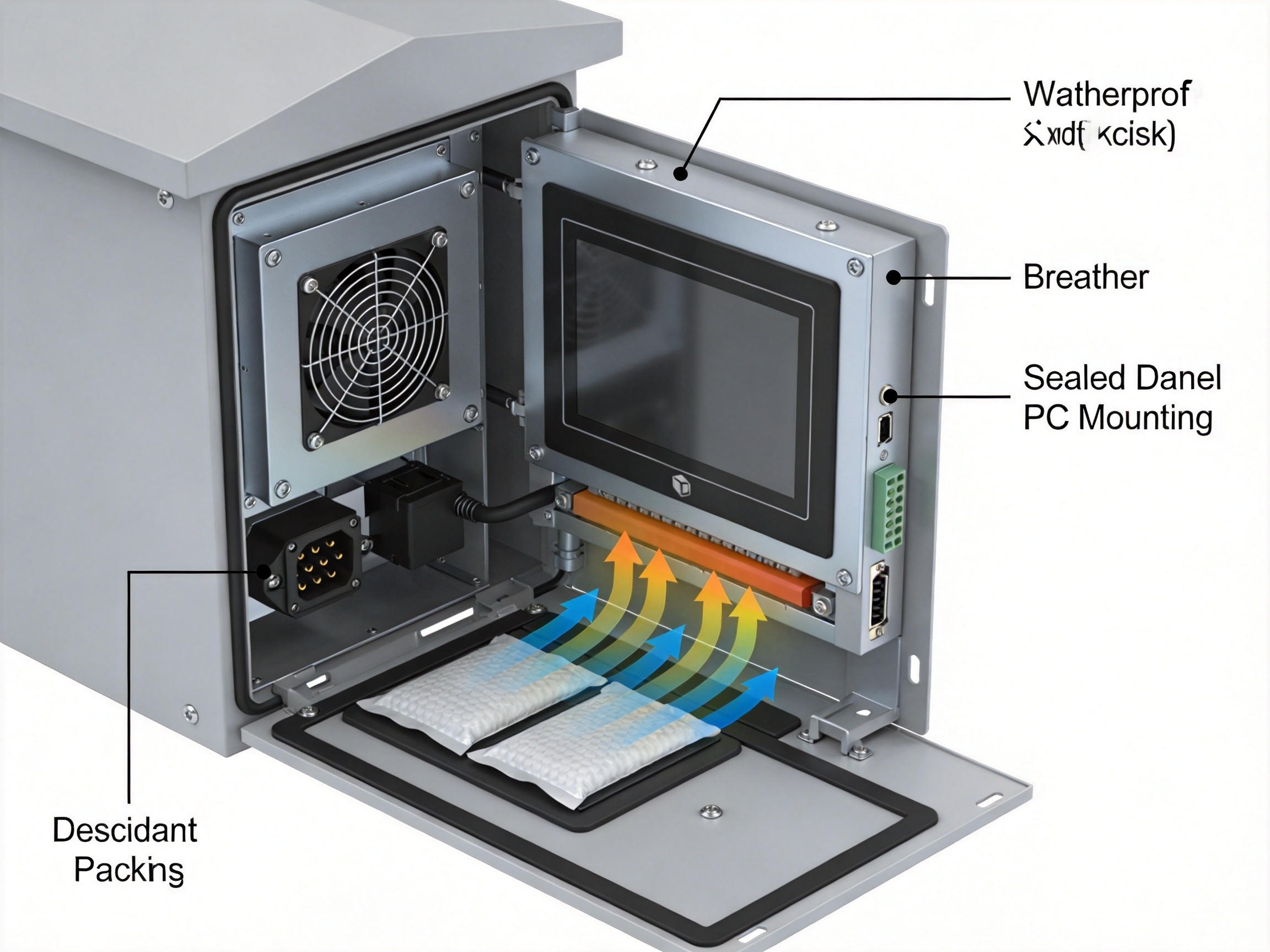 Cross-section diagram of an outdoor kiosk enclosure showing thermal gradients, breather vent, and sealed panel PC mounting