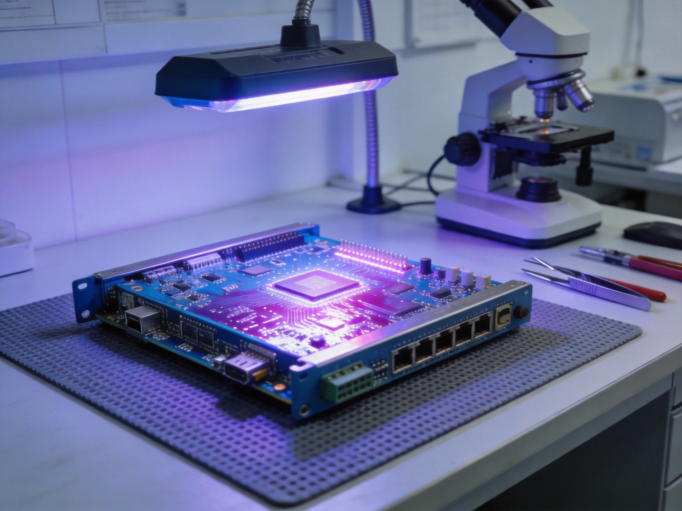 Technician inspecting a sealed outdoor panel PC with conformal coating visible under UV light inspection
