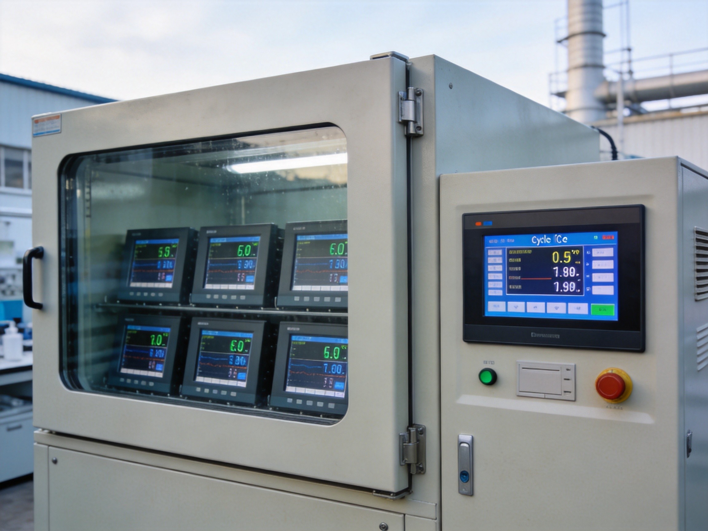 Array of outdoor kiosk panel PCs undergoing environmental chamber testing with temperature and humidity cycling