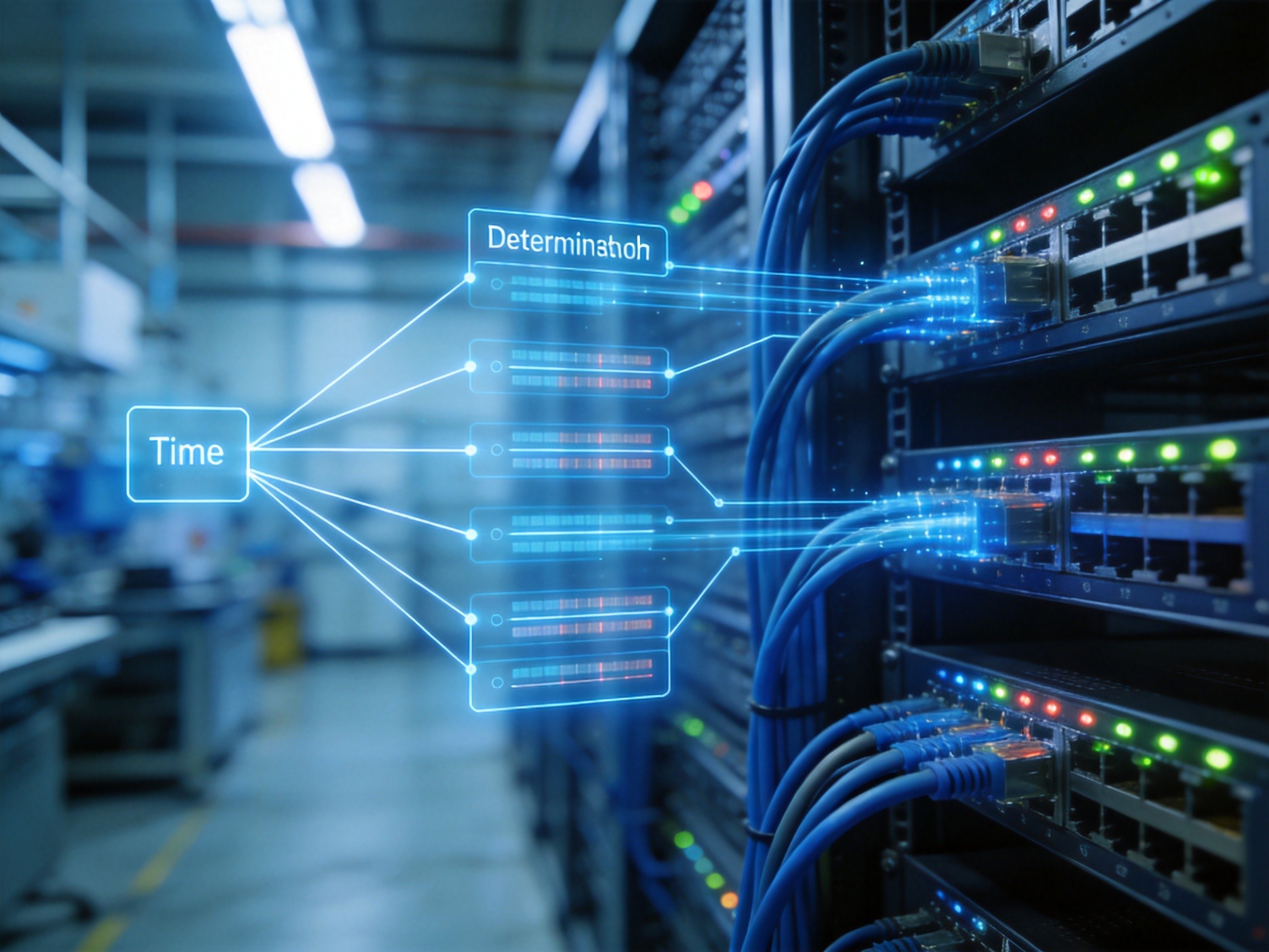 Industrial panel PC mounted on a factory floor displaying real-time production dashboards with network topology overlay