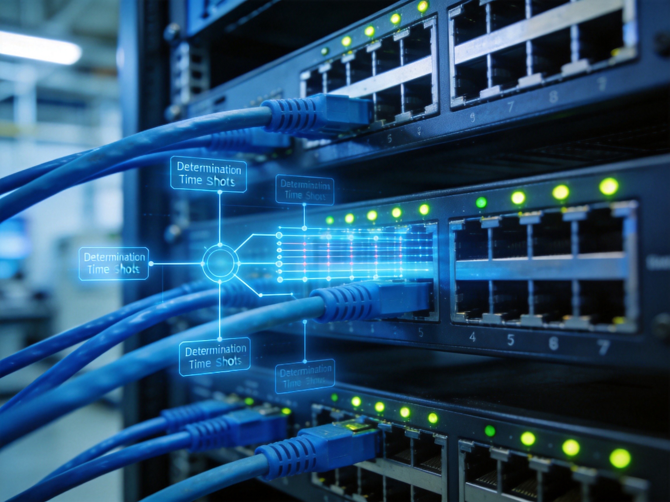 Network engineer configuring TSN parameters on a rugged industrial panel PC with Ethernet cables connected to switches