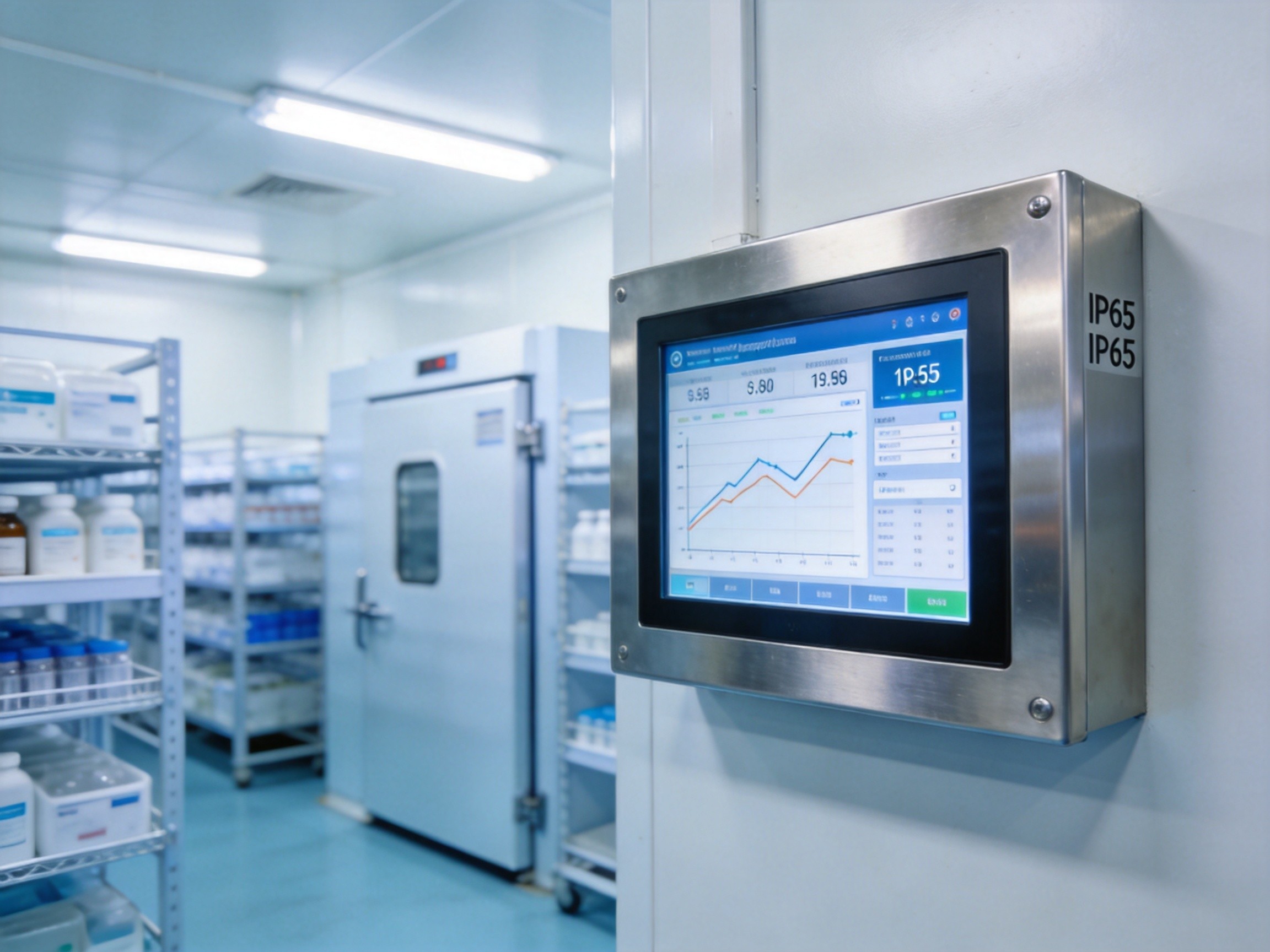 Pharmaceutical cold chain warehouse with multiple temperature sensor probes connected to a central panel PC displaying heat map visualization