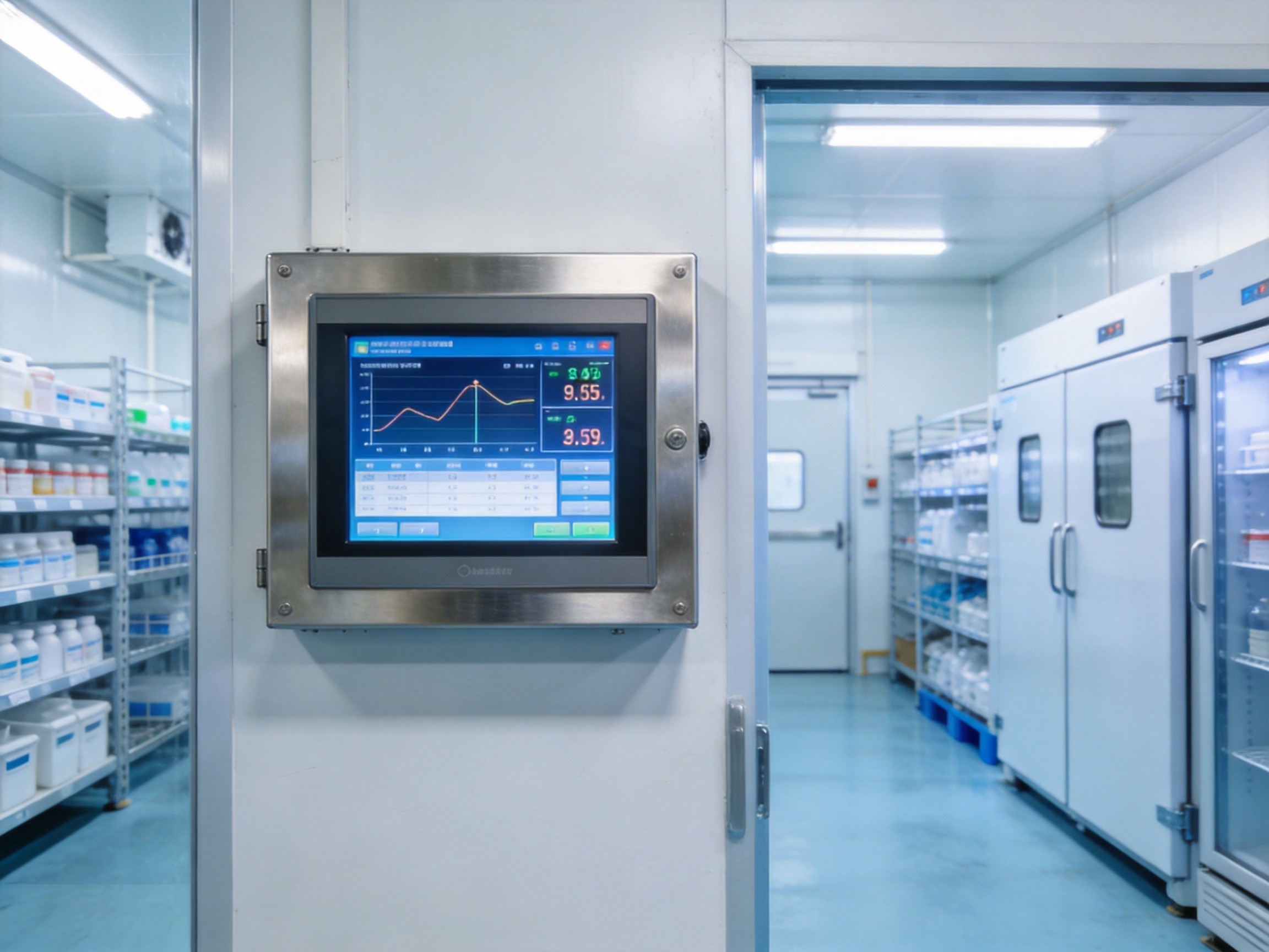Worker in protective gear operating a touchscreen panel PC mounted on a refrigerated loading dock with pharmaceutical pallets in background