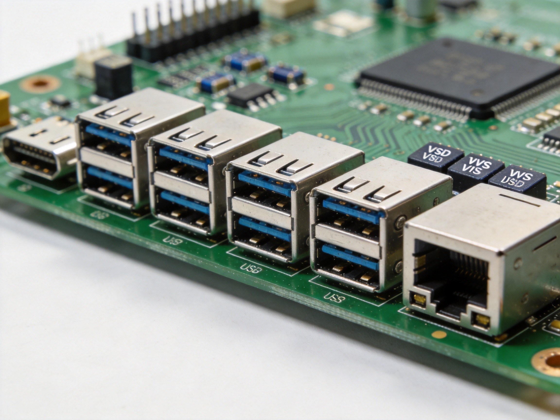 Industrial panel PC with USB port overcurrent protection fuses and current-limiting ICs visible on the mainboard with diagnostic LEDs