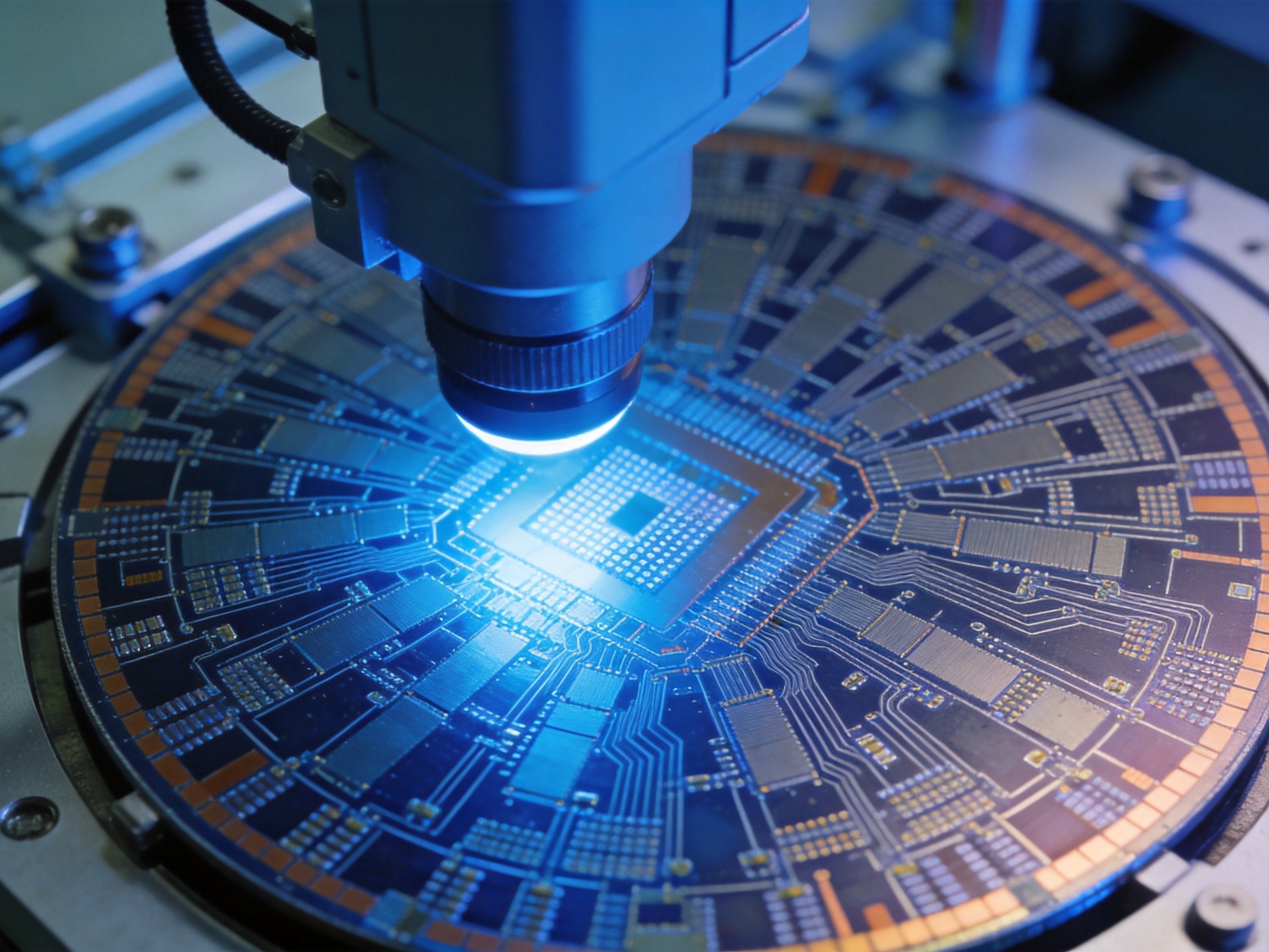 Advanced semiconductor wafer with 2nm node transistors under inspection light in fabrication facility