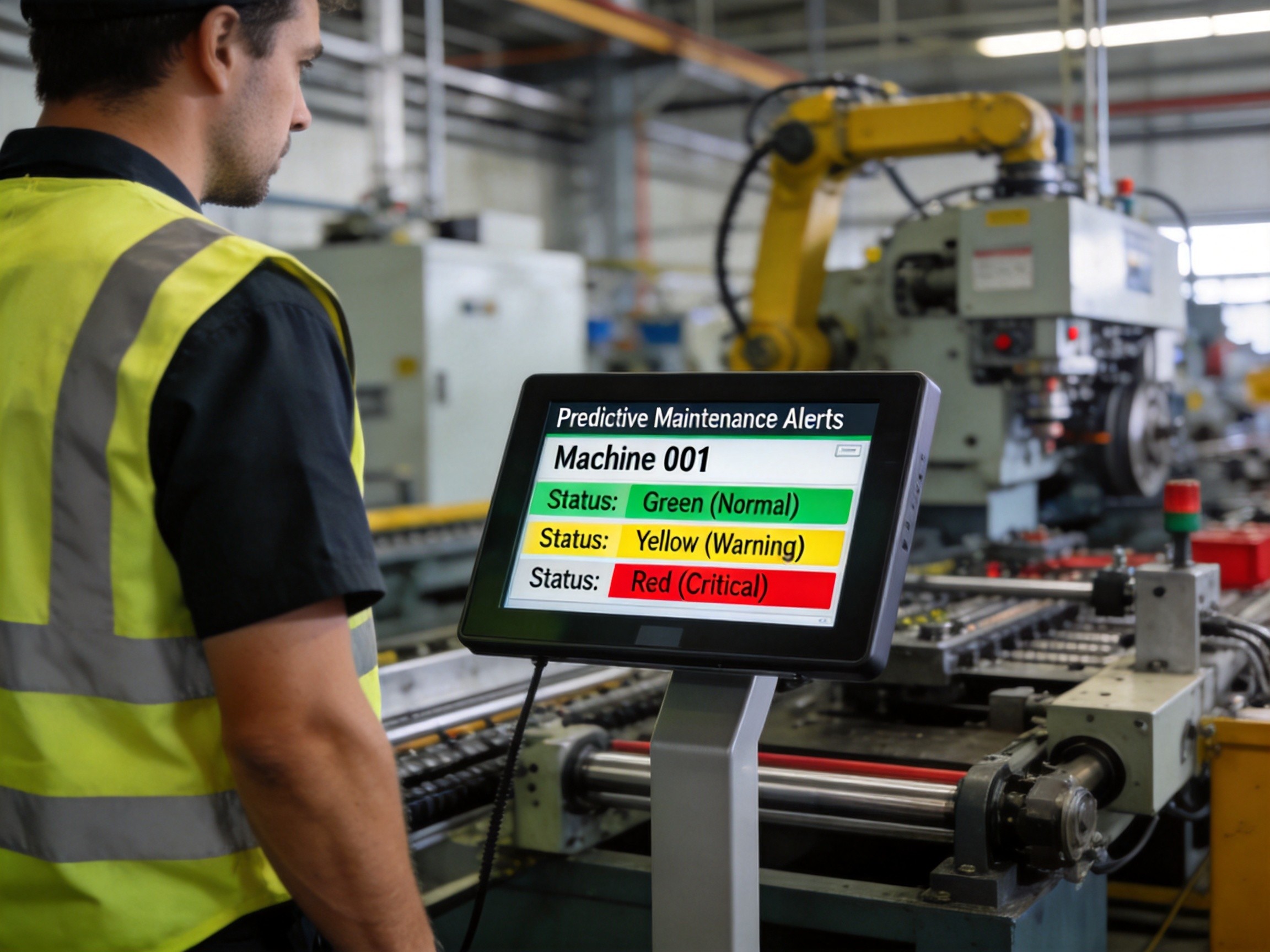 Factory floor with industrial panel PC mounted near production equipment, operator monitoring real-time predictive alerts