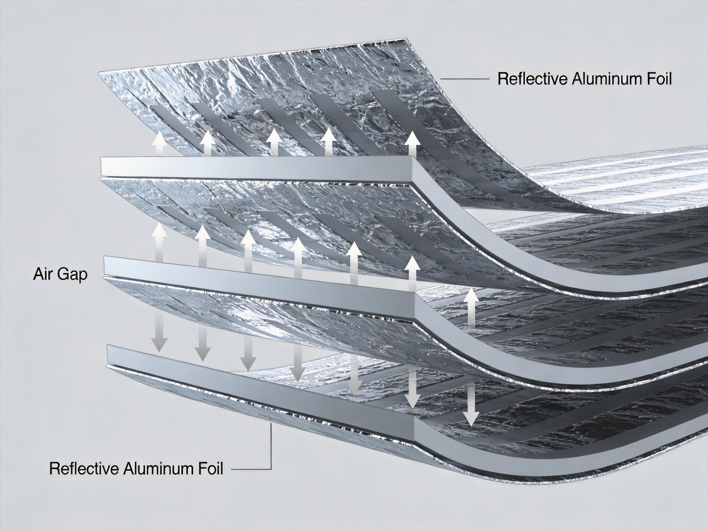 Cross-section diagram of multi-layer radiant heat shield showing reflective foil layers and air gaps for industrial panel PC