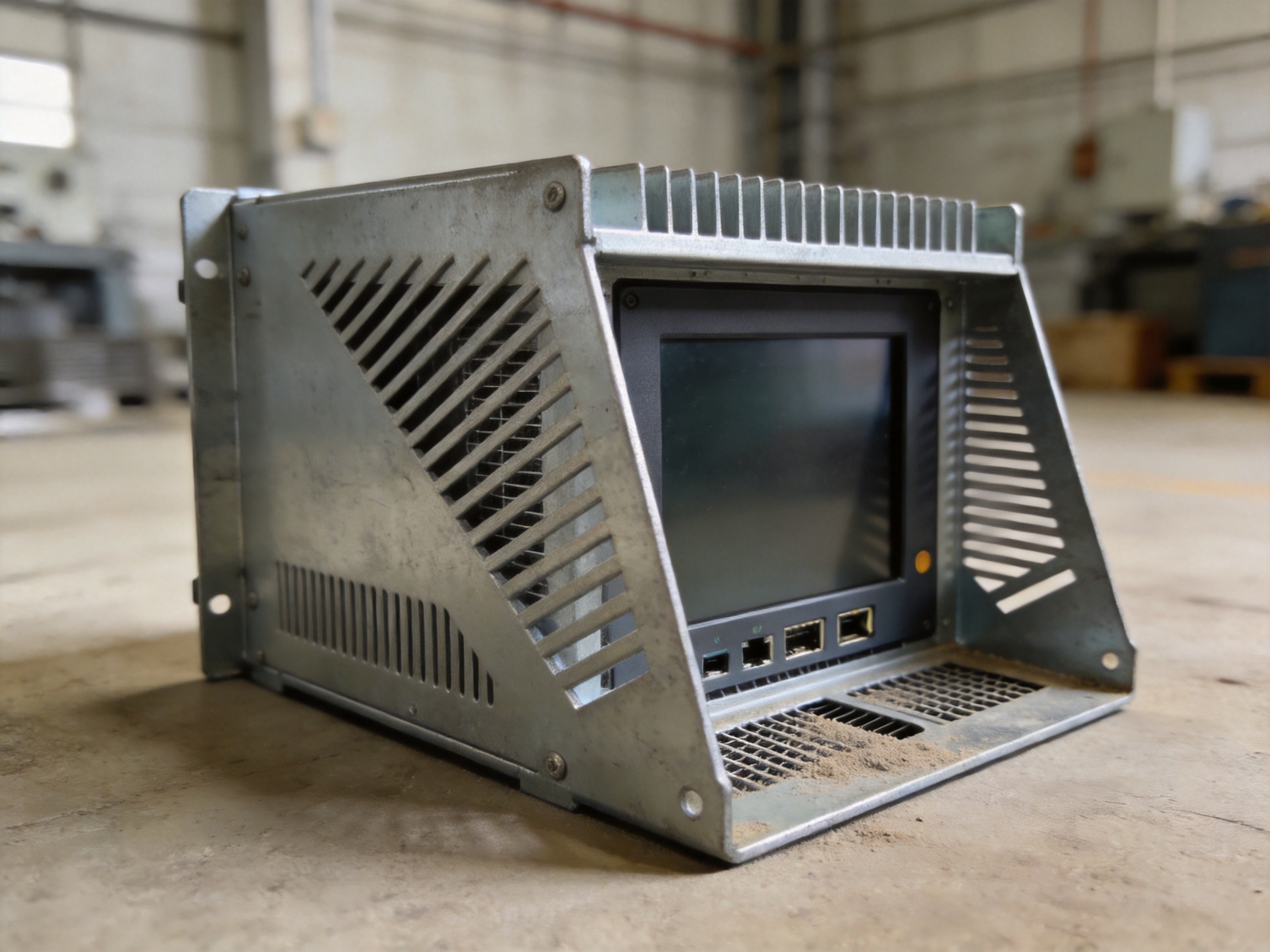 Industrial panel PC with custom thermal baffle enclosure showing airflow path design and dust protection in foundry