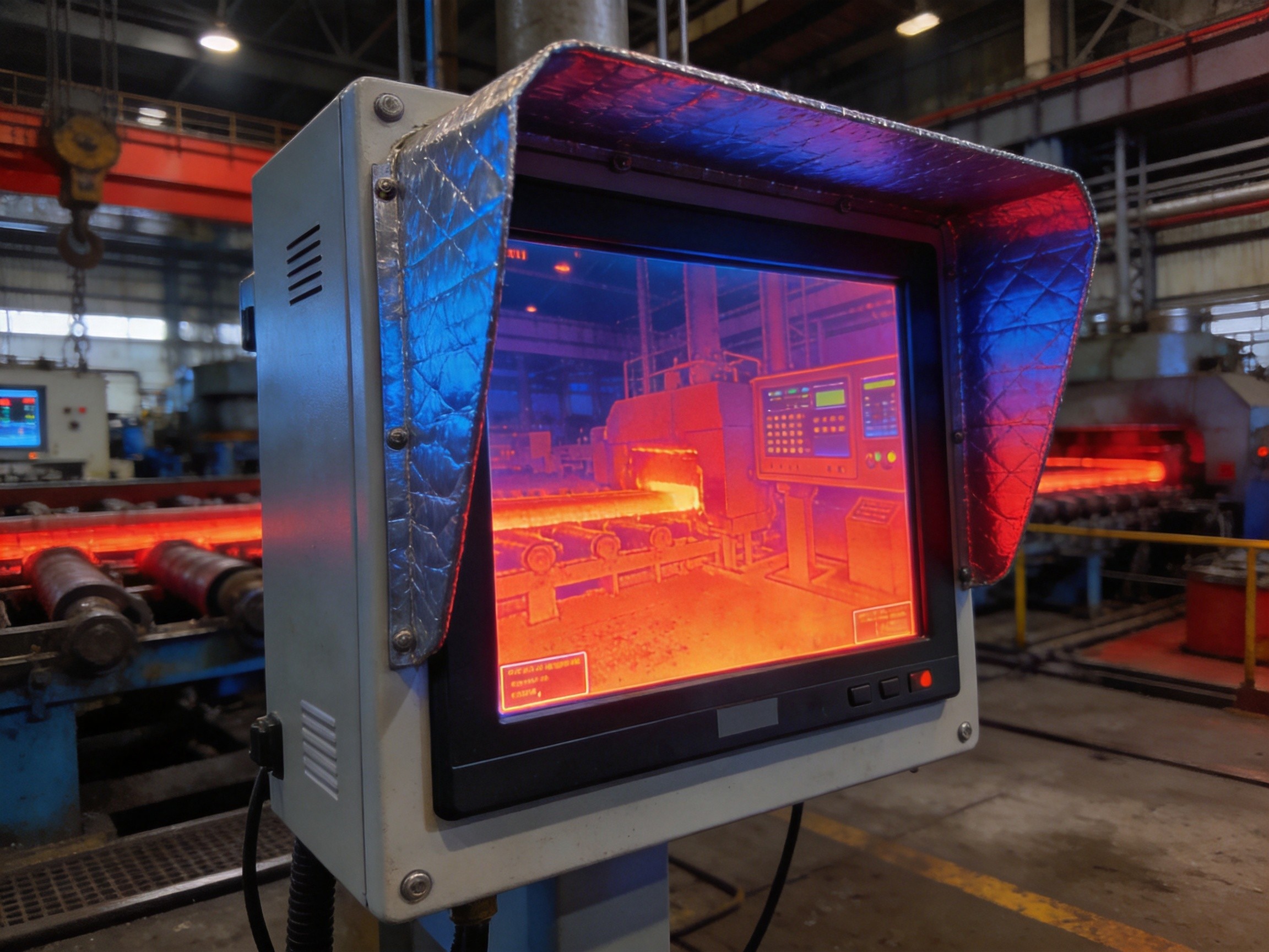 Thermal imaging camera view of industrial panel PC with heat shield showing temperature distribution across enclosure surface