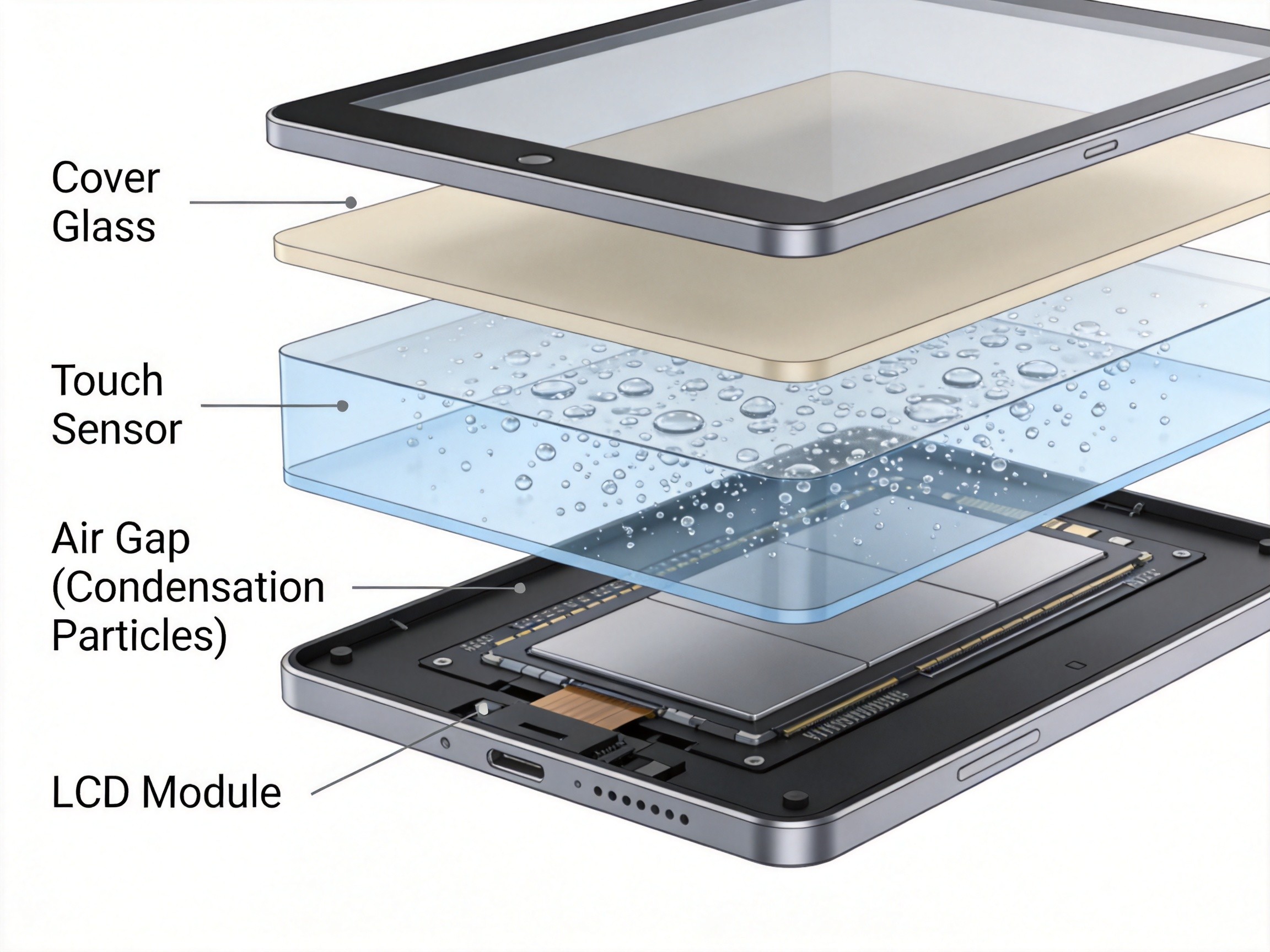 Cross-section diagram showing air gap between cover glass and LCD module with condensation and dust particles visible in the cavity