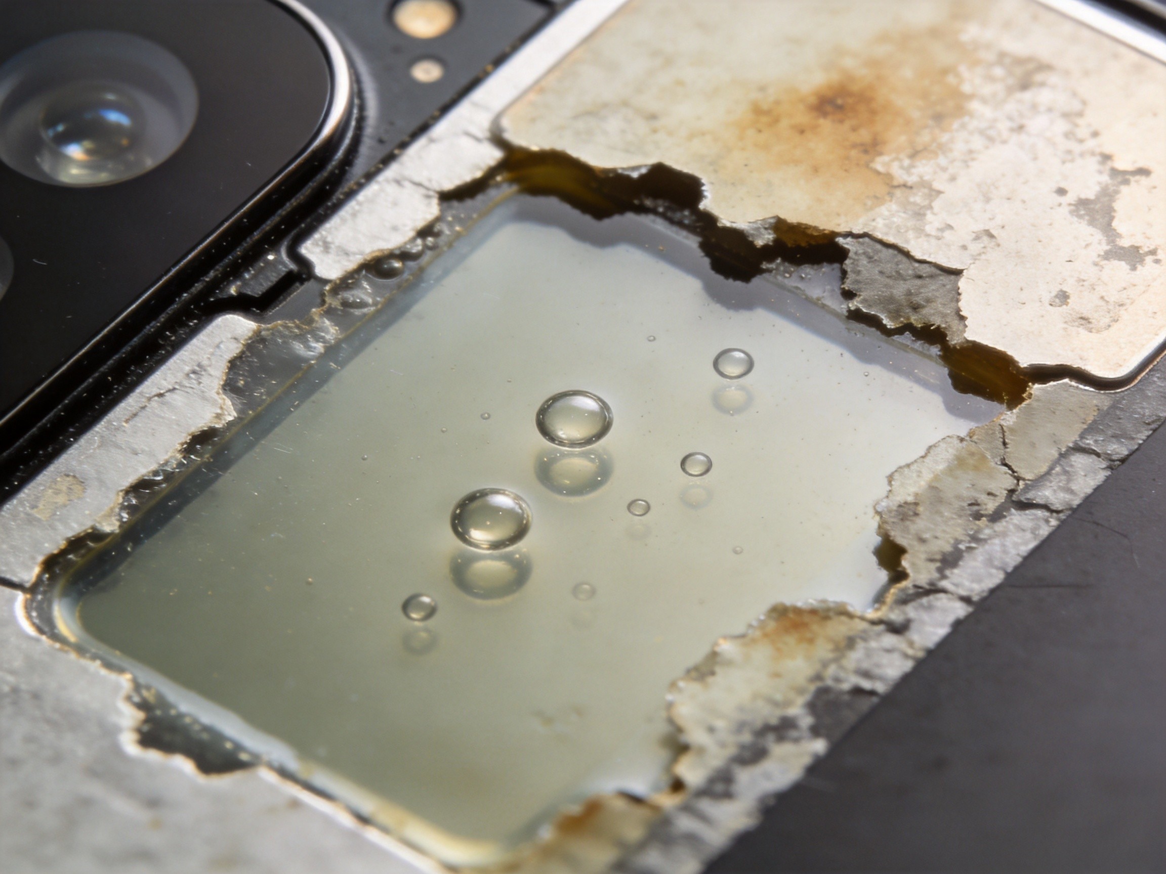 Microscope view of OCA optical bonding layer showing bubble formation and edge delamination after thermal cycling test