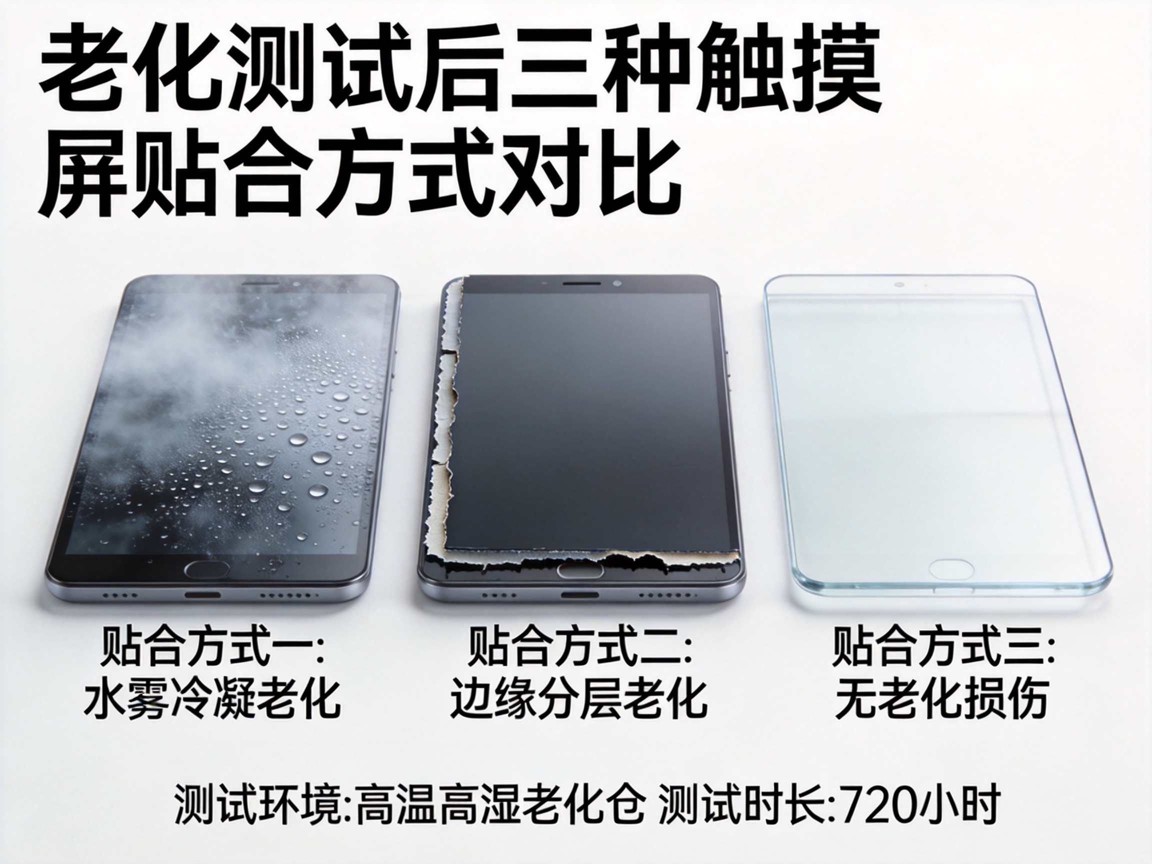 Side-by-side comparison of three bonding methods showing optical clarity and delamination state after accelerated aging tests