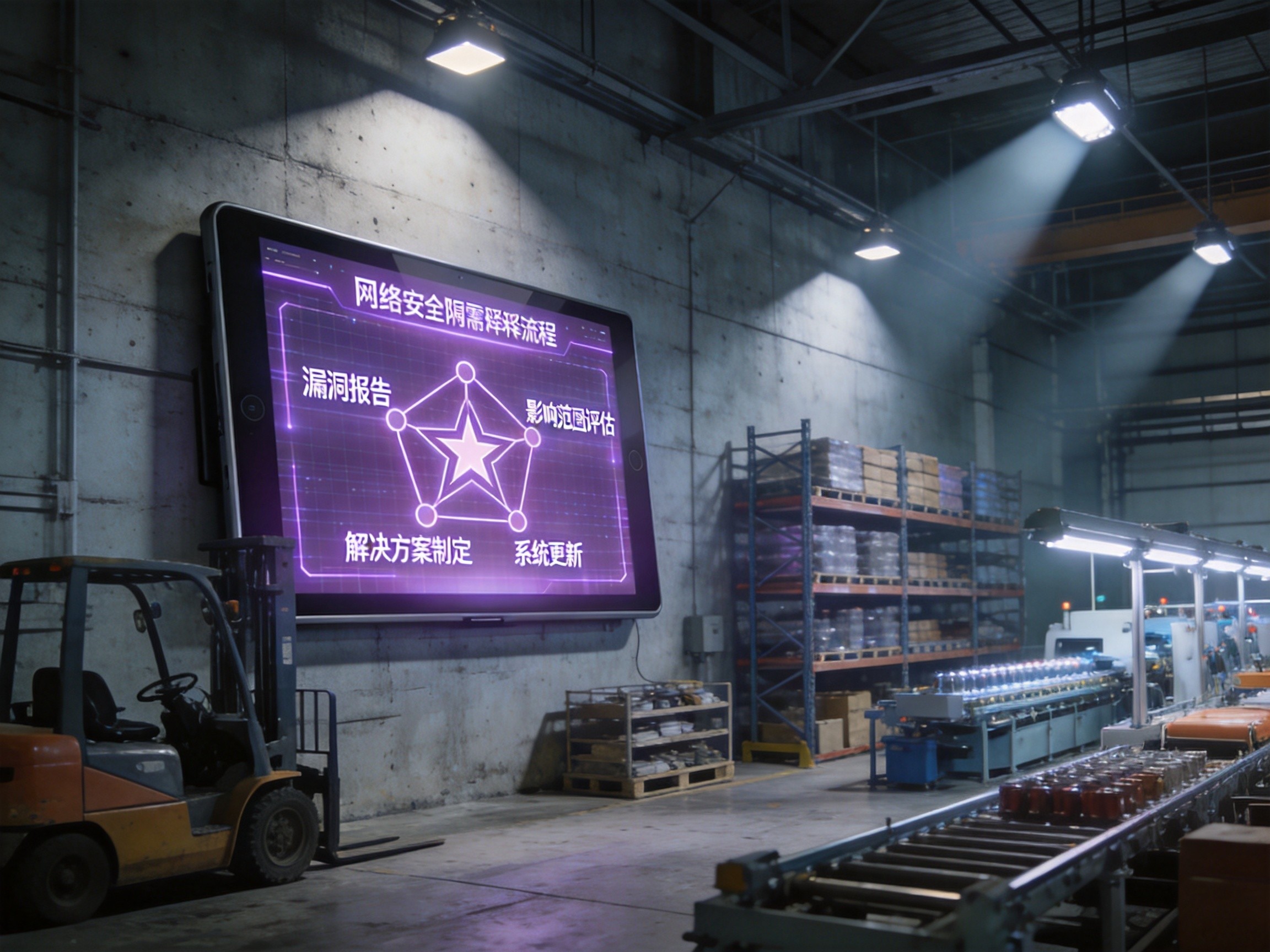 Industrial panel PC deployed on factory floor with cybersecurity compliance overlay showing vulnerability disclosure workflow
