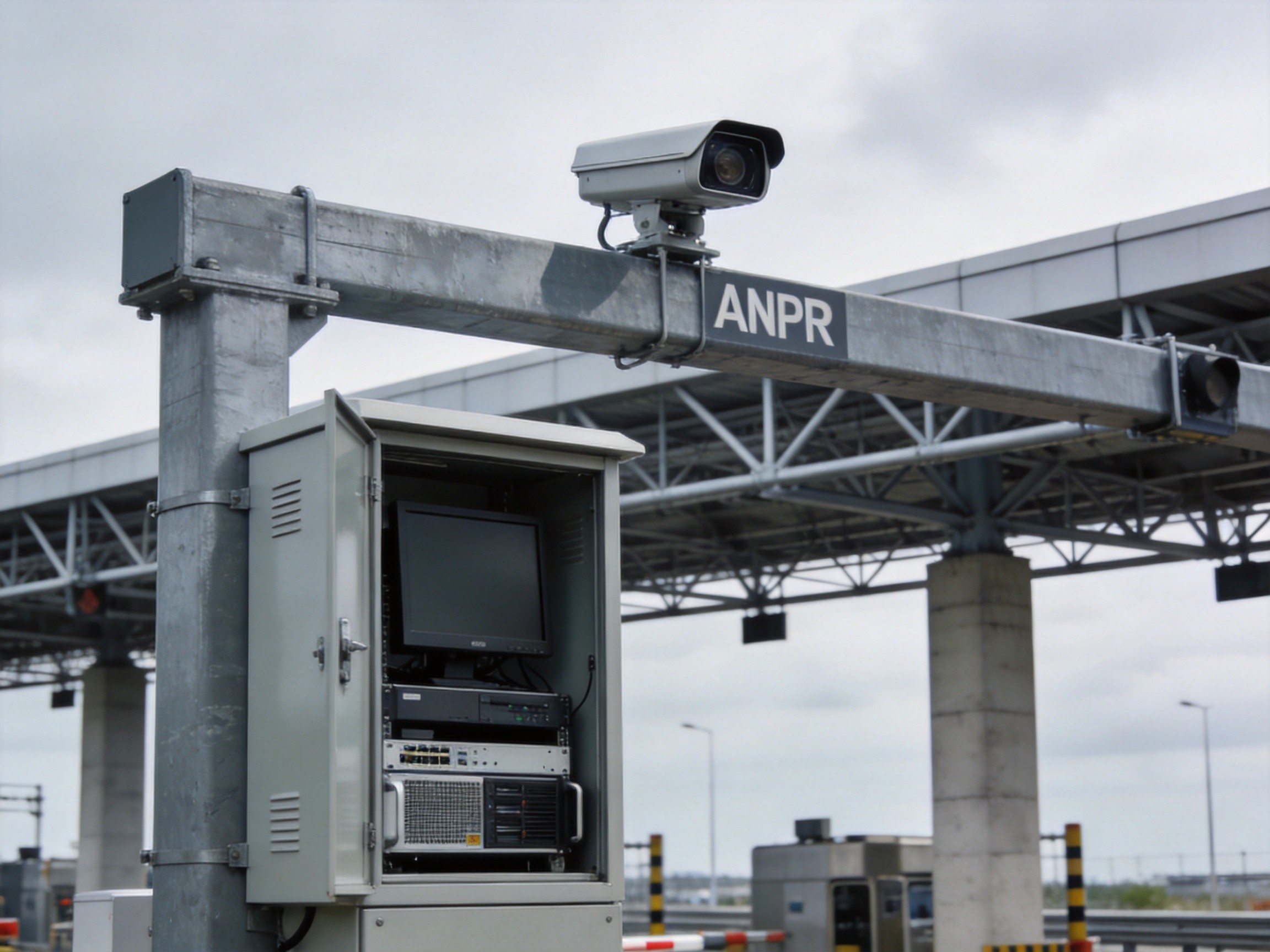 ANPR camera system integrated with industrial panel PC mounted on a highway toll gantry