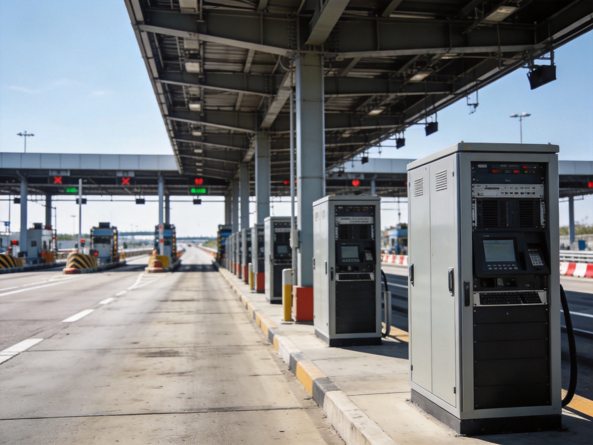 Multi-lane highway toll plaza with overhead gantry and industrial computing equipment cabinets