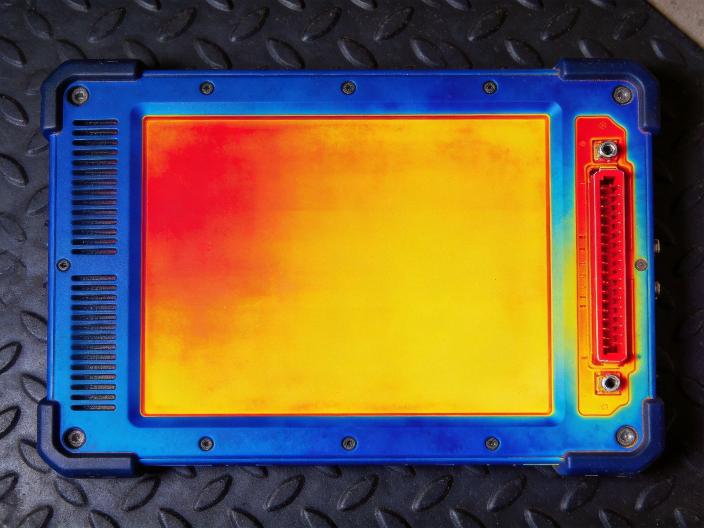 Thermal imaging view of industrial panel PC showing heat distribution and temperature effects on RTC battery life