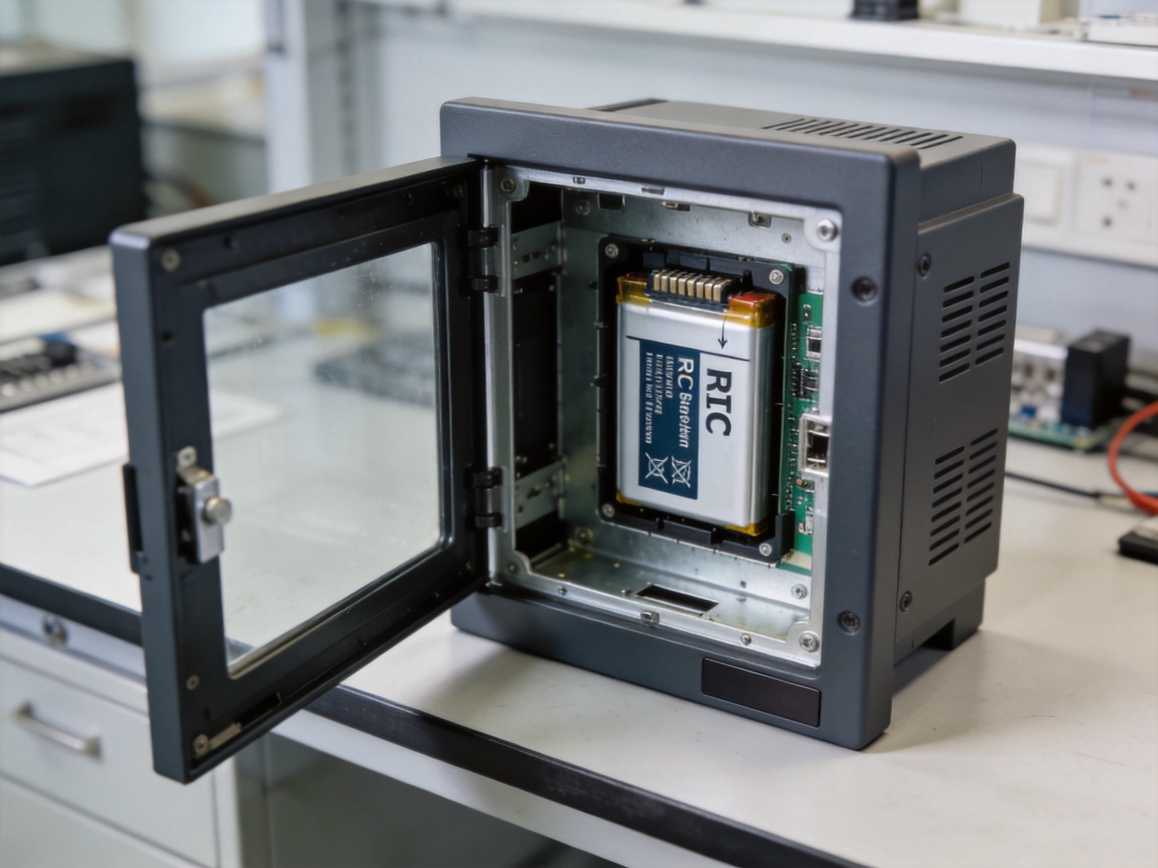 Industrial panel PC with replaceable RTC battery access panel and maintenance technician performing preventive replacement