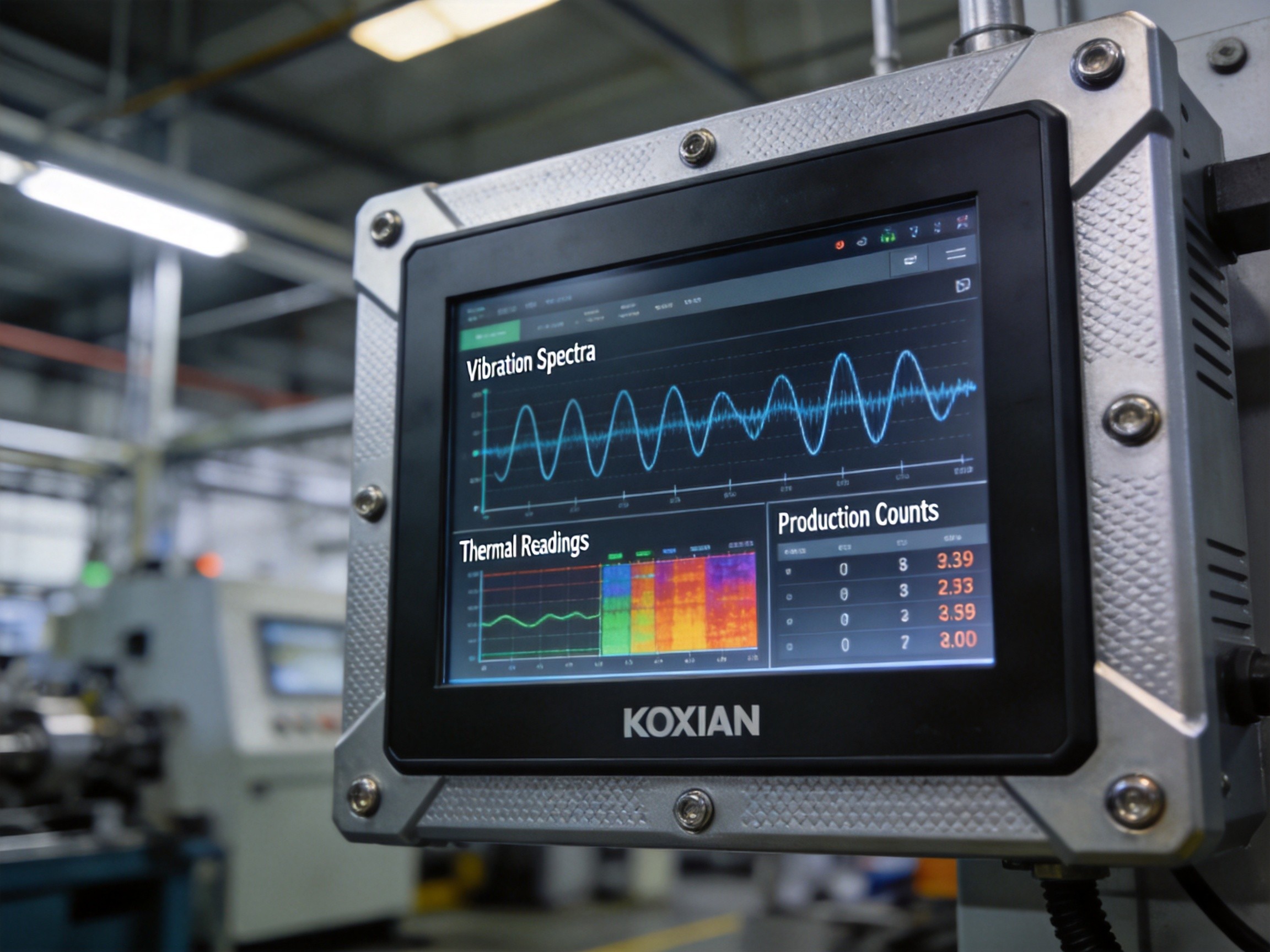 A panel PC mounted on industrial machinery communicating with legacy manufacturing equipment through data interfaces
