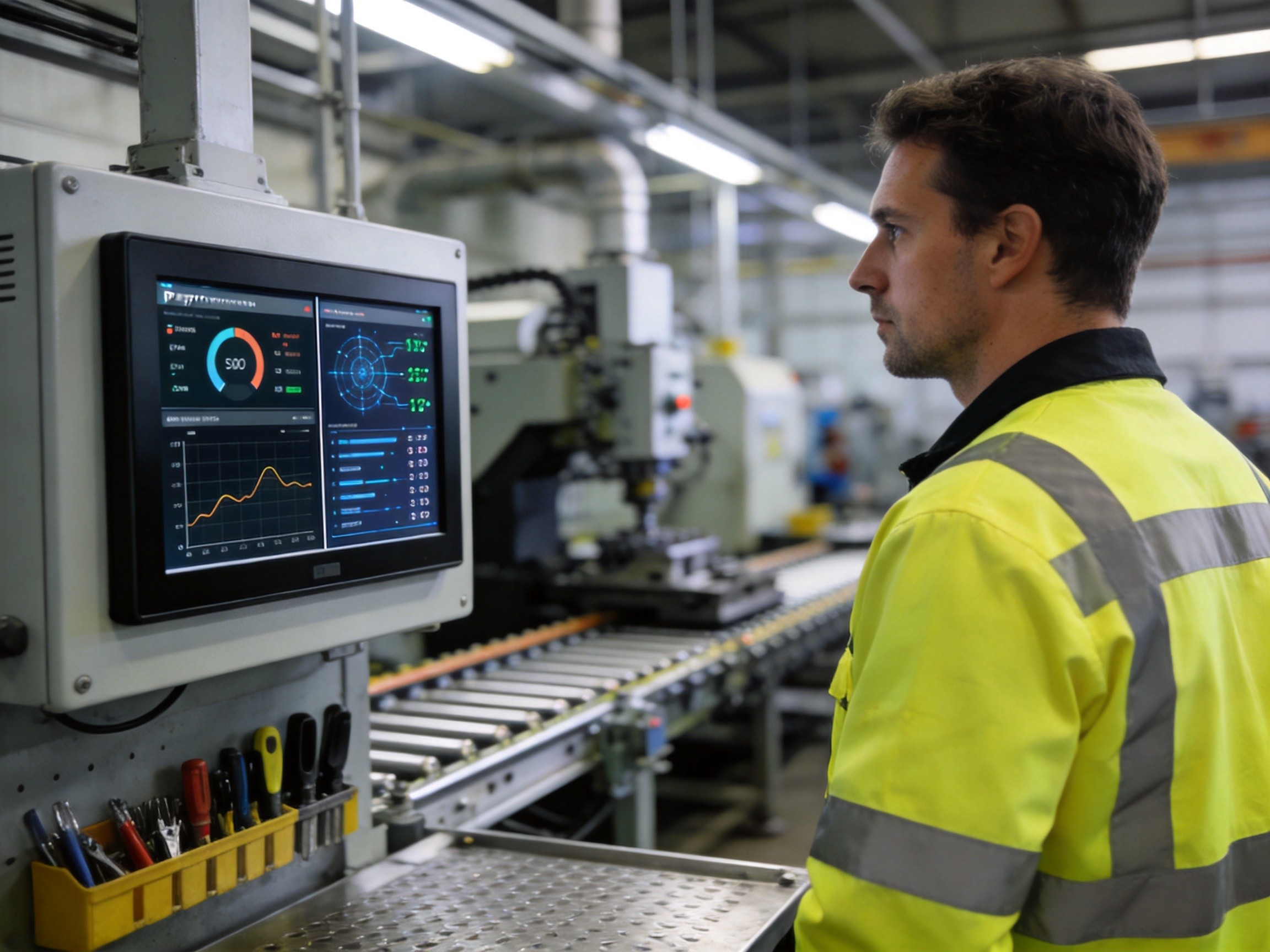 Factory operator comparing live machine performance data against digital twin prediction on a rugged panel PC display