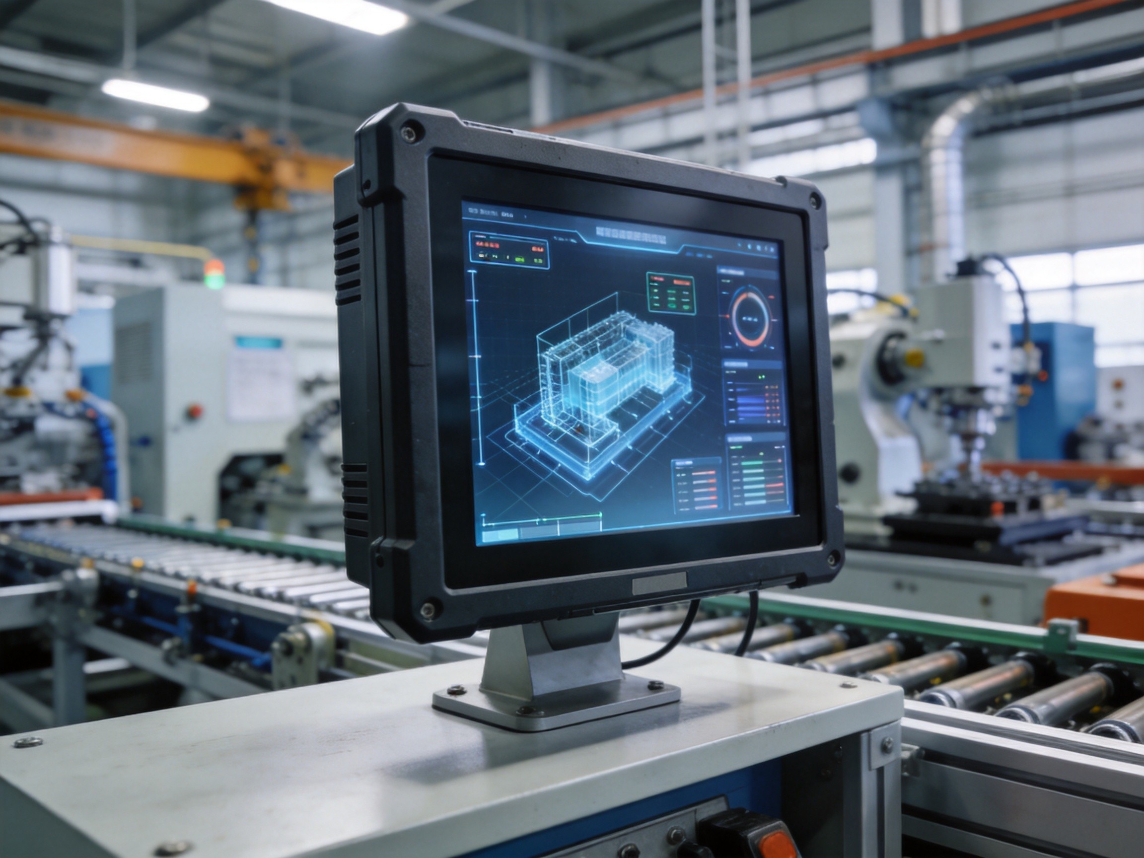 Close-up of an industrial panel PC with multiple sensor data streams displayed, mounted in a factory environment with machinery in background
