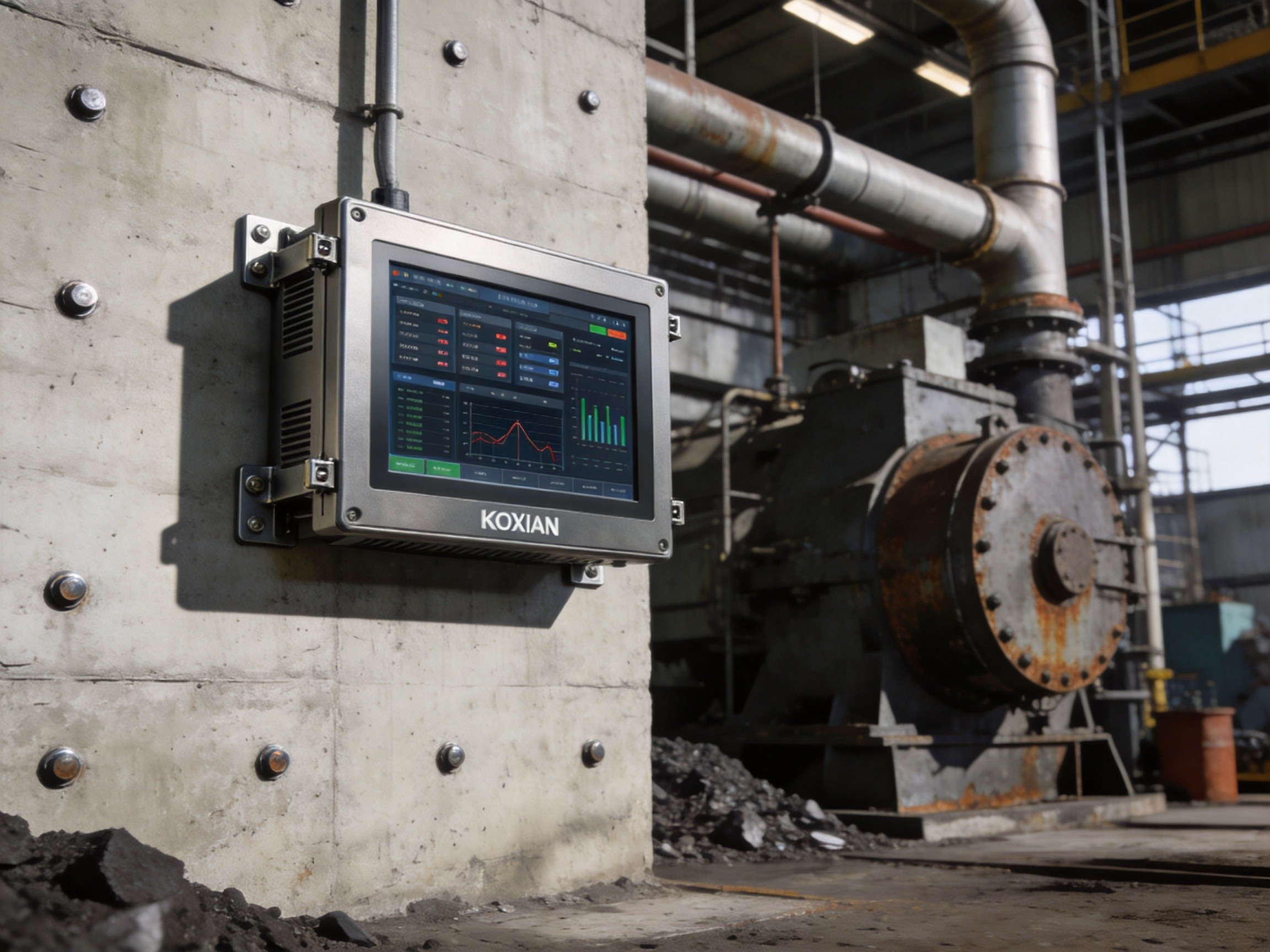 Industrial panel PC with emissions monitoring dashboard showing real-time stack gas analysis data in a biomass plant