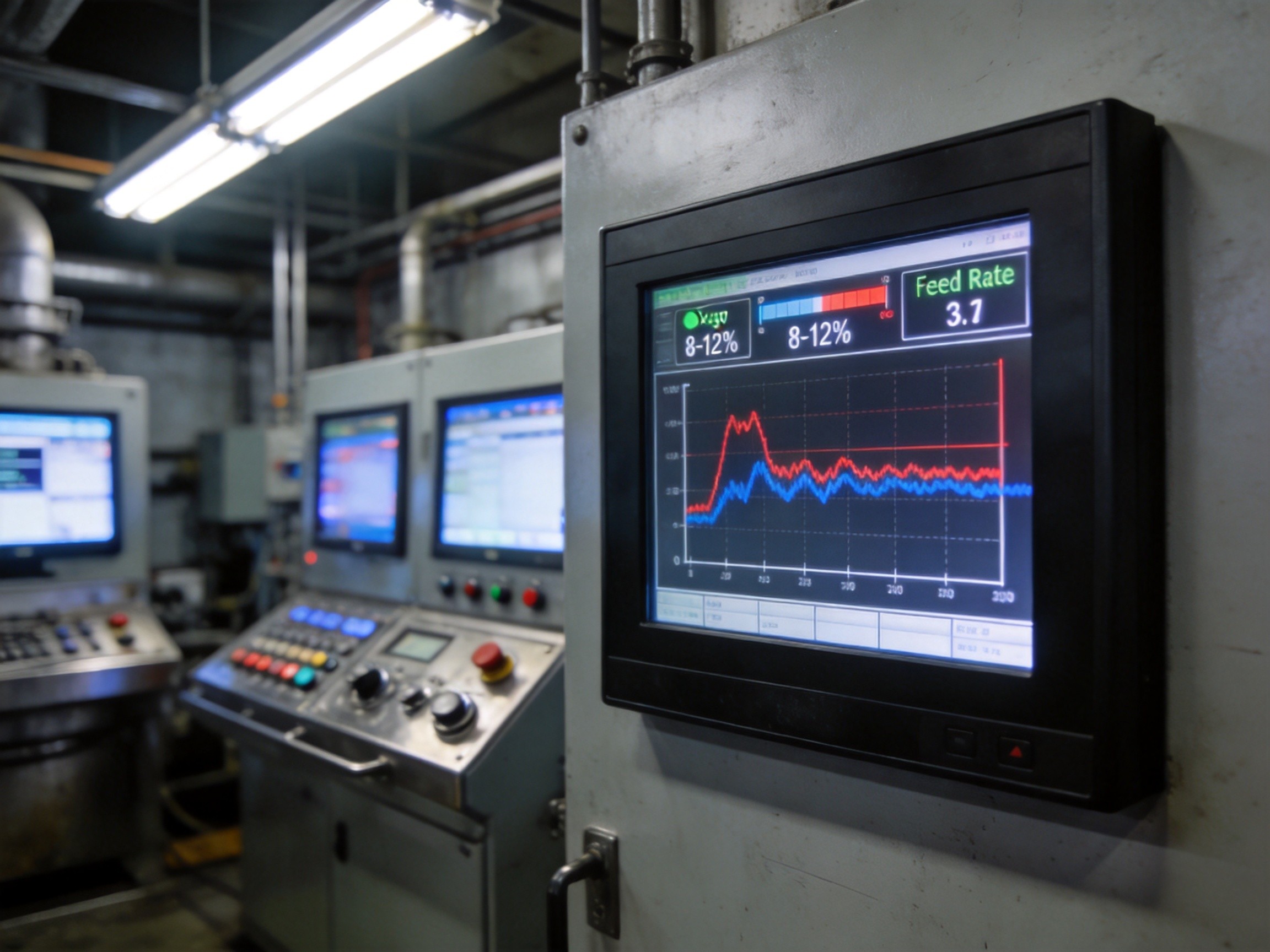 Biomass combustion facility with industrial panel PC integrated into the boiler control system, showing fuel feed and temperature data