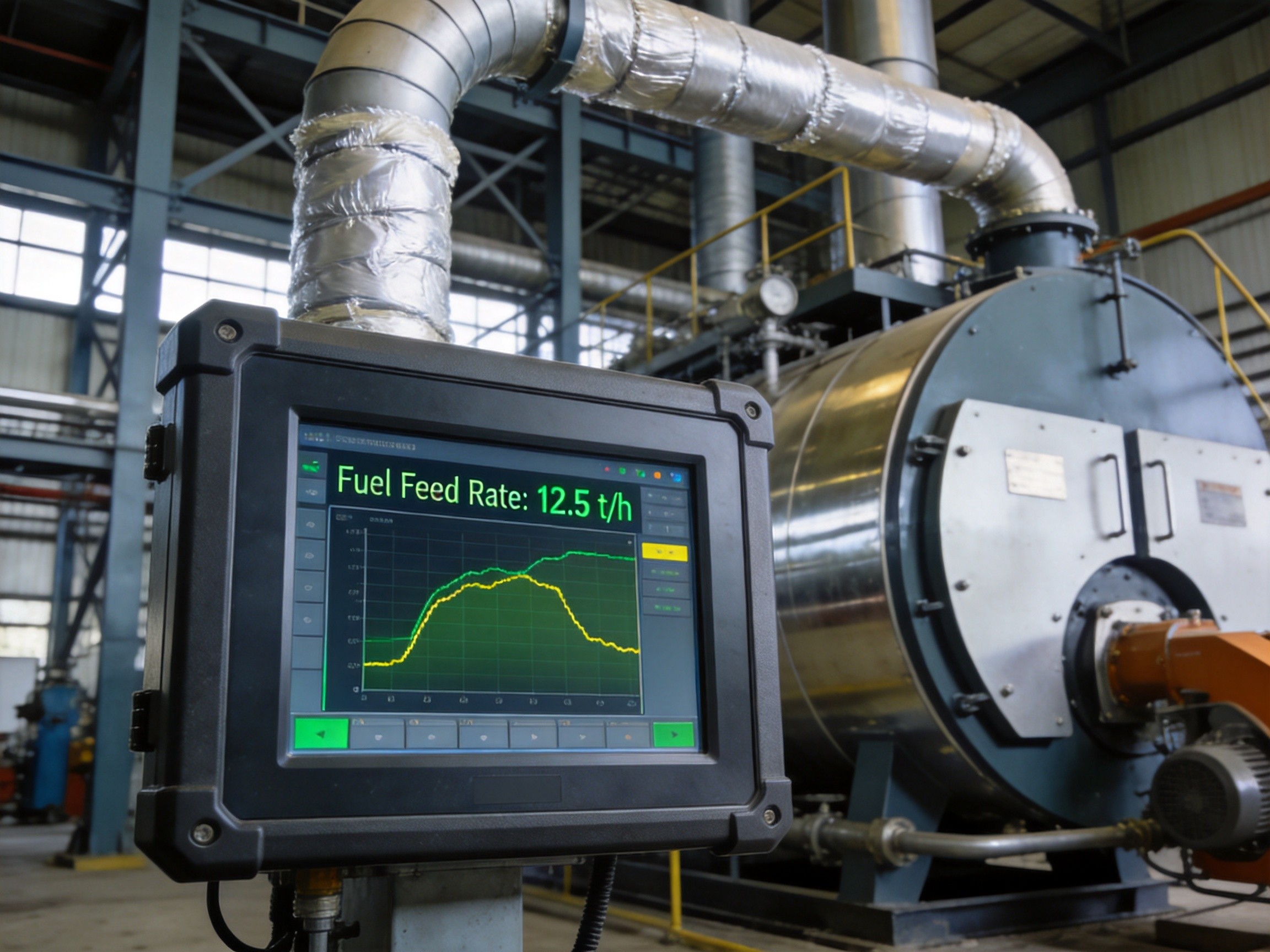 KOXIAN industrial panel PC installed in a waste-to-energy facility, showing robust construction and multi-parameter display interface