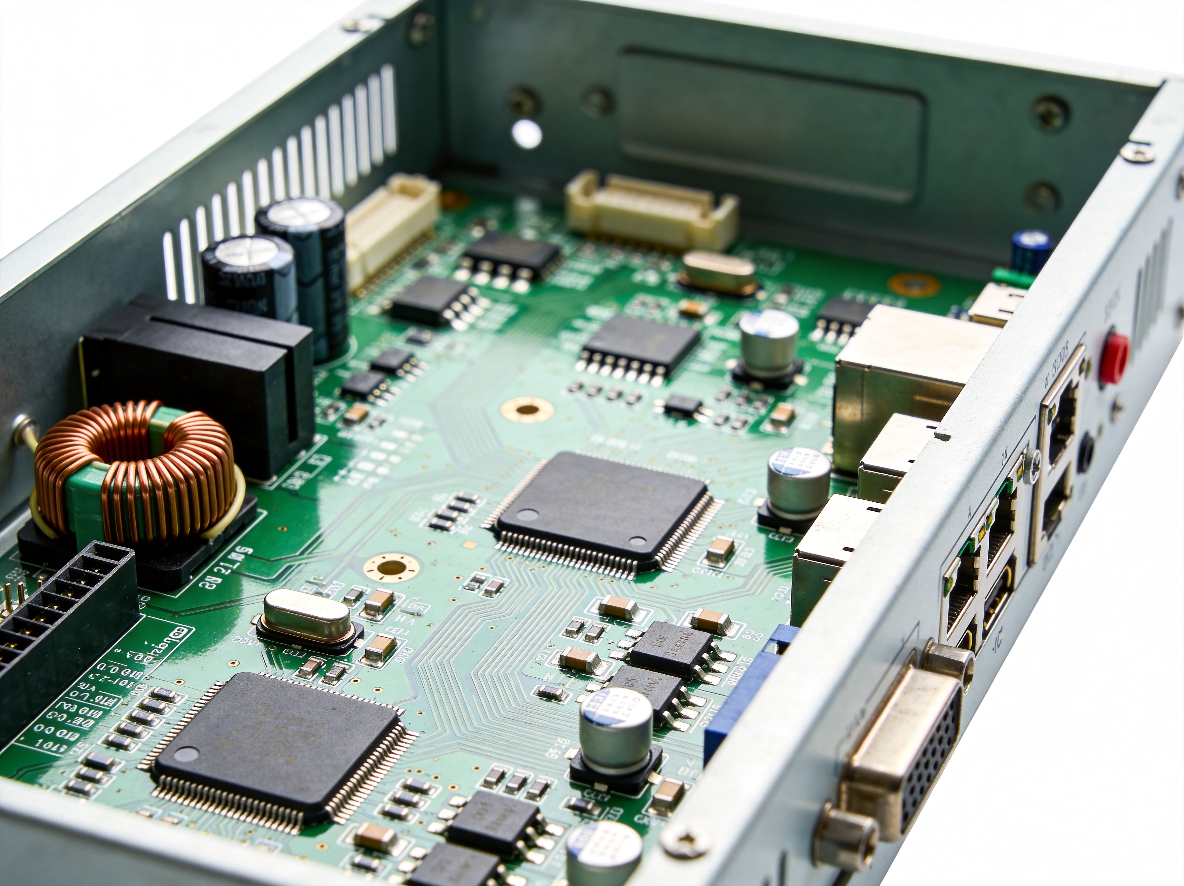 Industrial panel PC with grounding strap connected to earth ground, showing proper enclosure grounding in a manufacturing facility