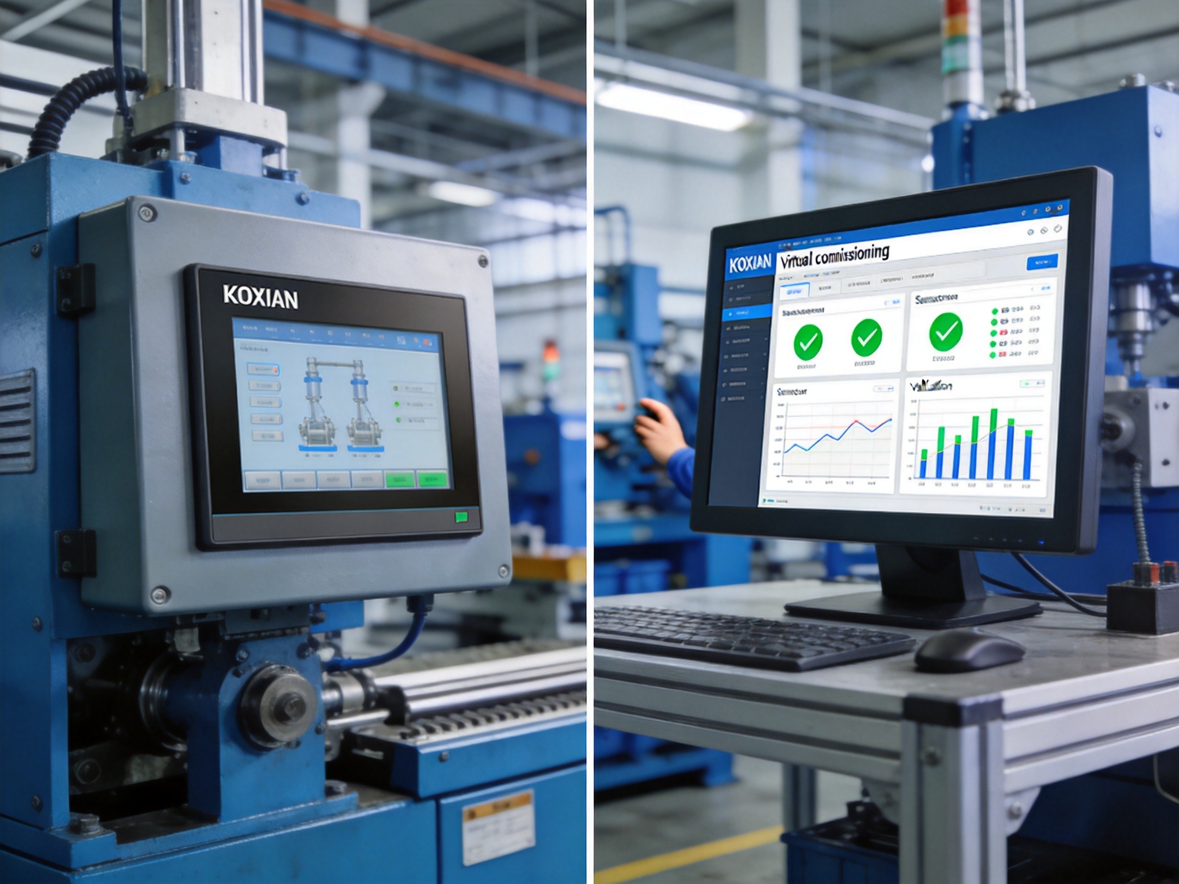 Split view showing a KOXIAN industrial panel PC mounted on a factory machine alongside its screen displaying a virtual commissioning dashboard with sensor data validation