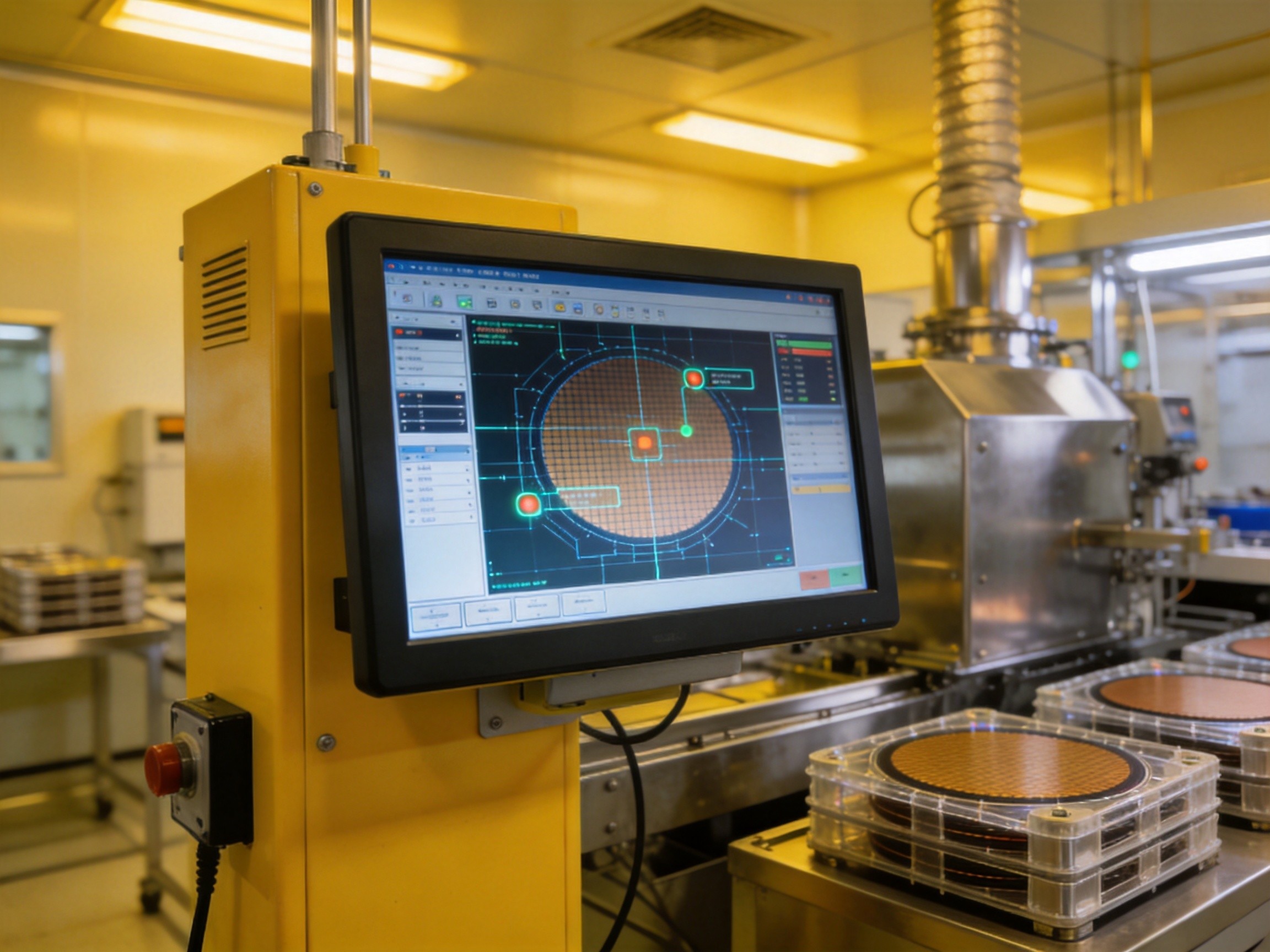 Inside a semiconductor cleanroom, a panel PC mounted on a yellow equipment stand showing wafer inspection data with digital twin overlay highlighting defect locations
