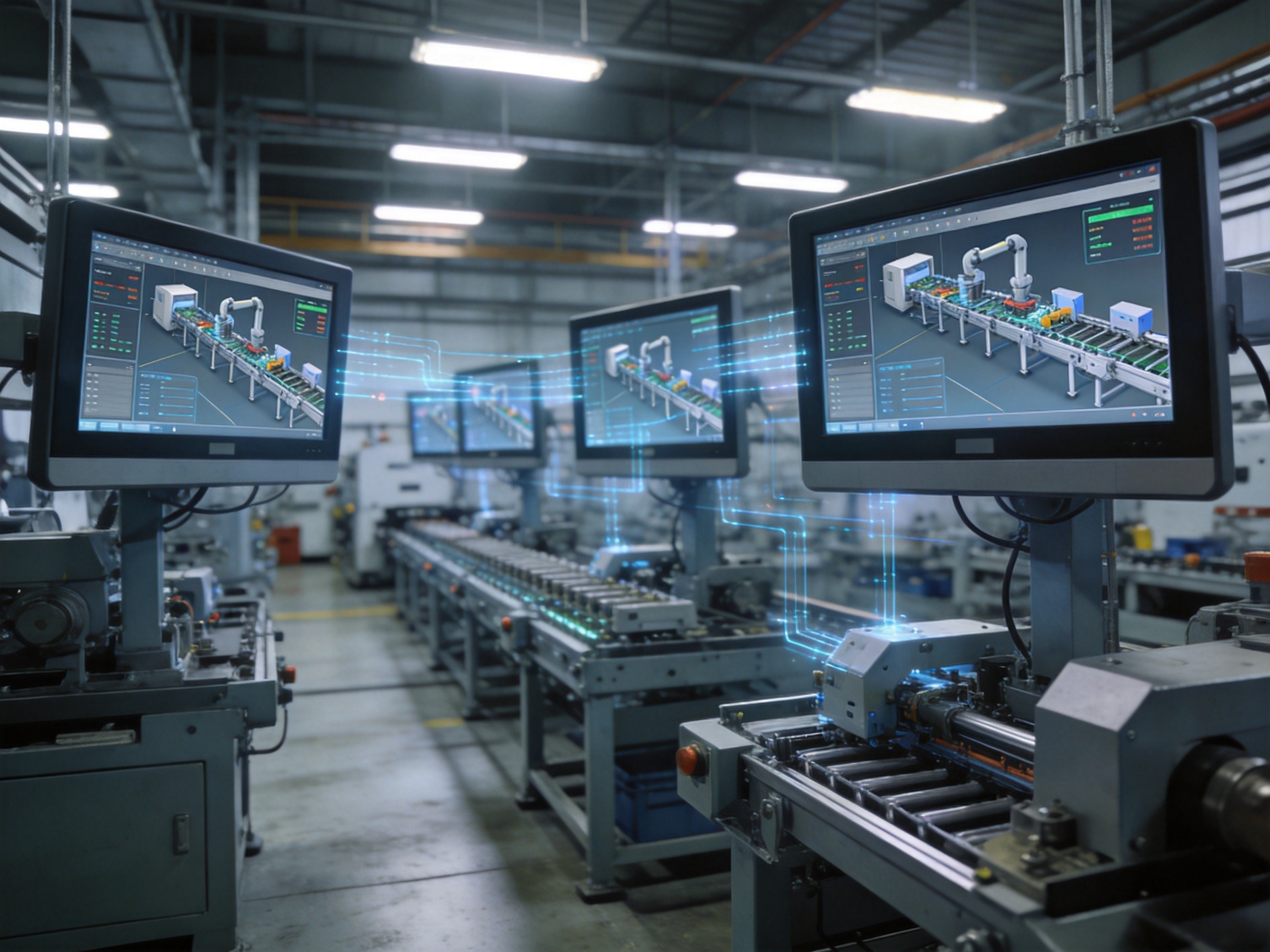 Factory floor with multiple industrial panel PCs on production stations, each displaying different digital twin views of the same manufacturing line with synchronized data