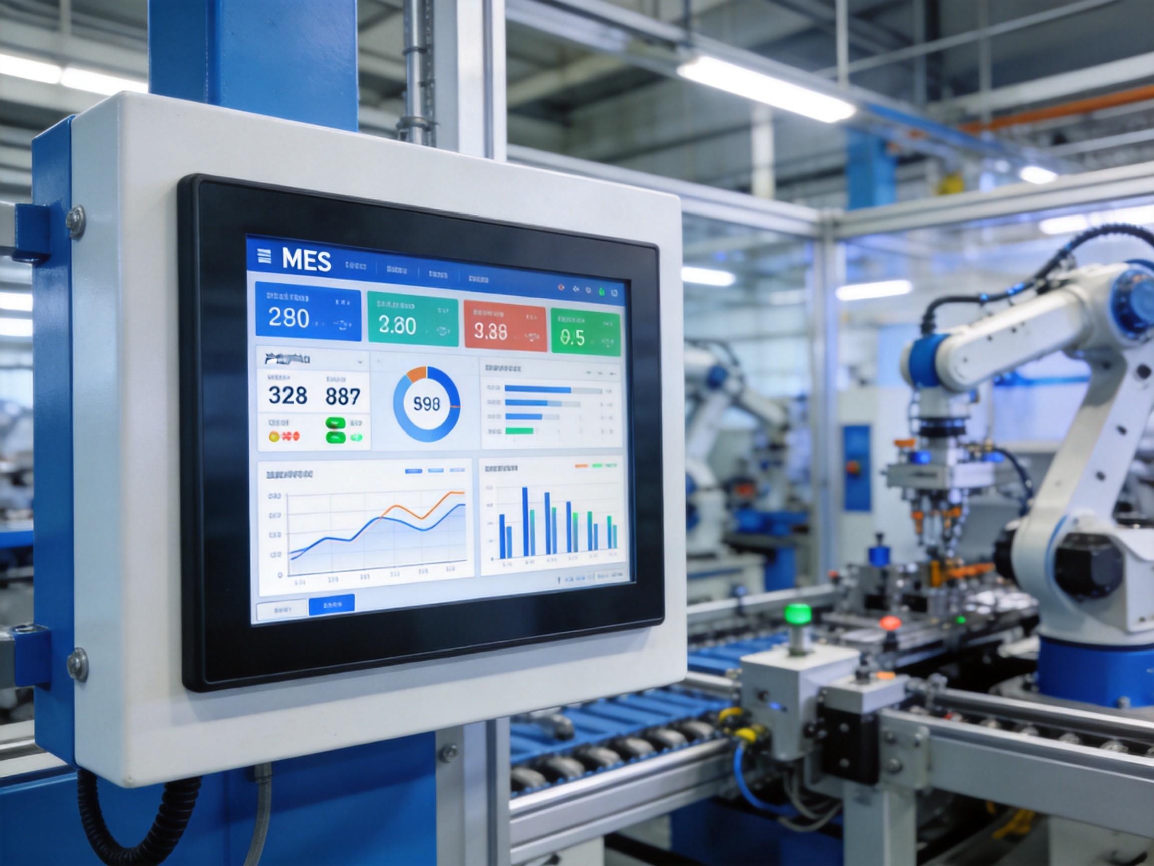 Industrial panel PC mounted at a smart factory production cell displaying a real-time MES dashboard with production KPIs, quality metrics, and machine status indicators
