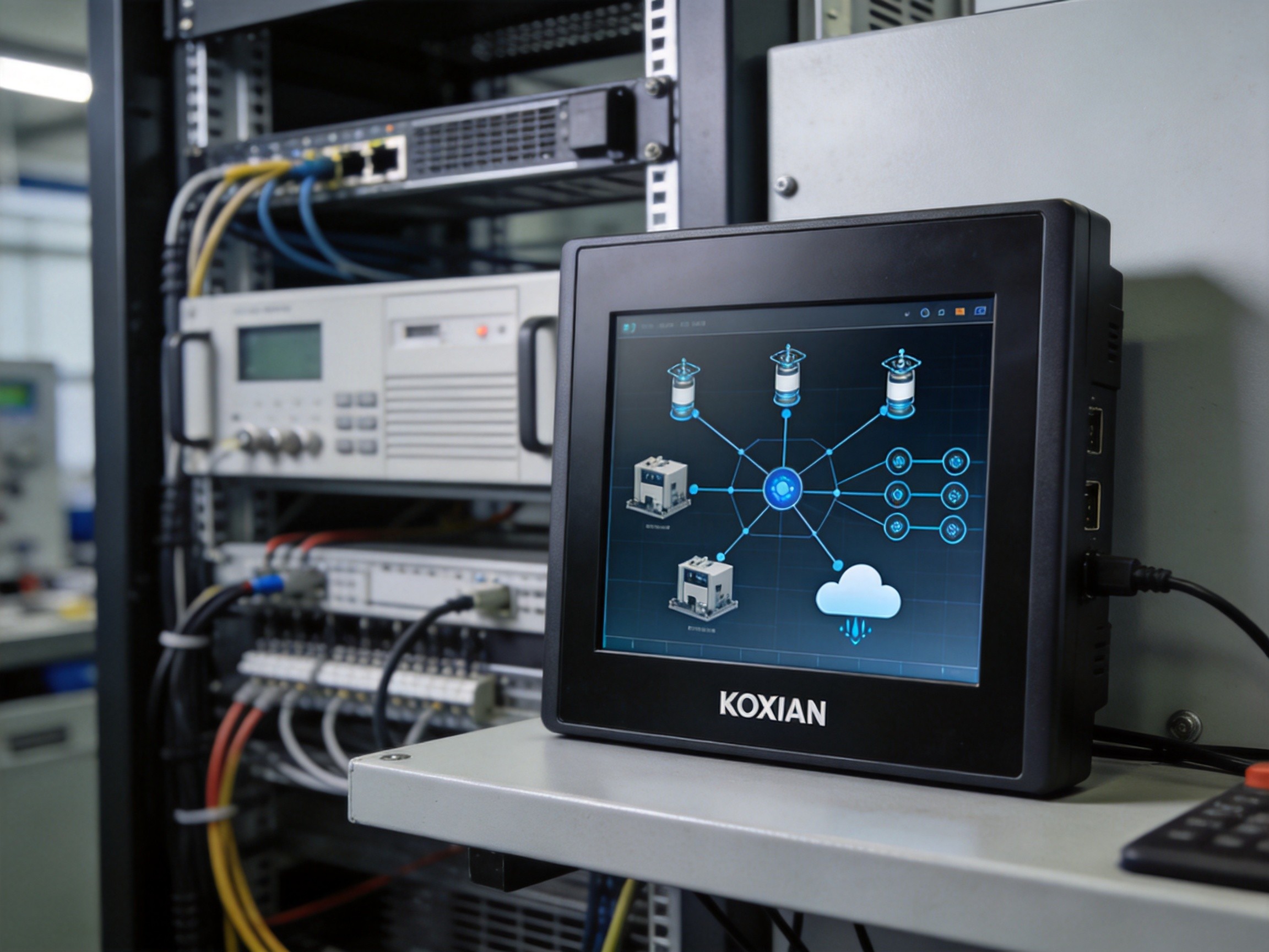 Server room visualization showing a distributed MES architecture diagram with panel PCs as edge data hubs connecting sensors, machines, and cloud analytics