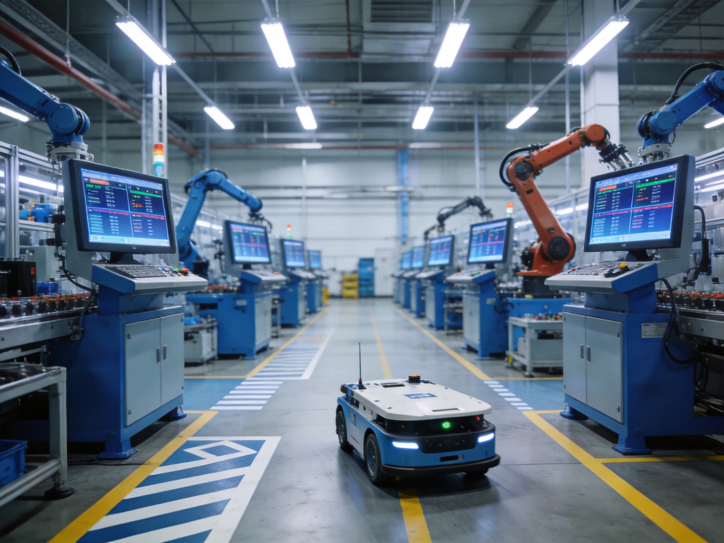 Modern factory floor with automated guided vehicles and robotic arms, panel PC stations at each production cell showing synchronized MES data across the line